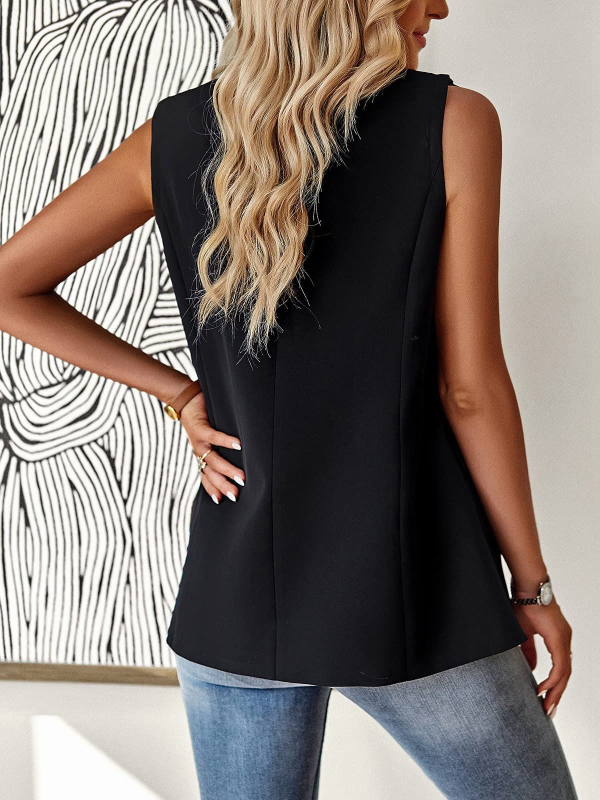 ALSOGO Blazer Damen Ärmellos Weste Sportlich Elegant Einfarbig Jacke Mantel Geschäft Büro Anzugjacke Revers Offene Vorderseite Freizeit Business mit Tasche