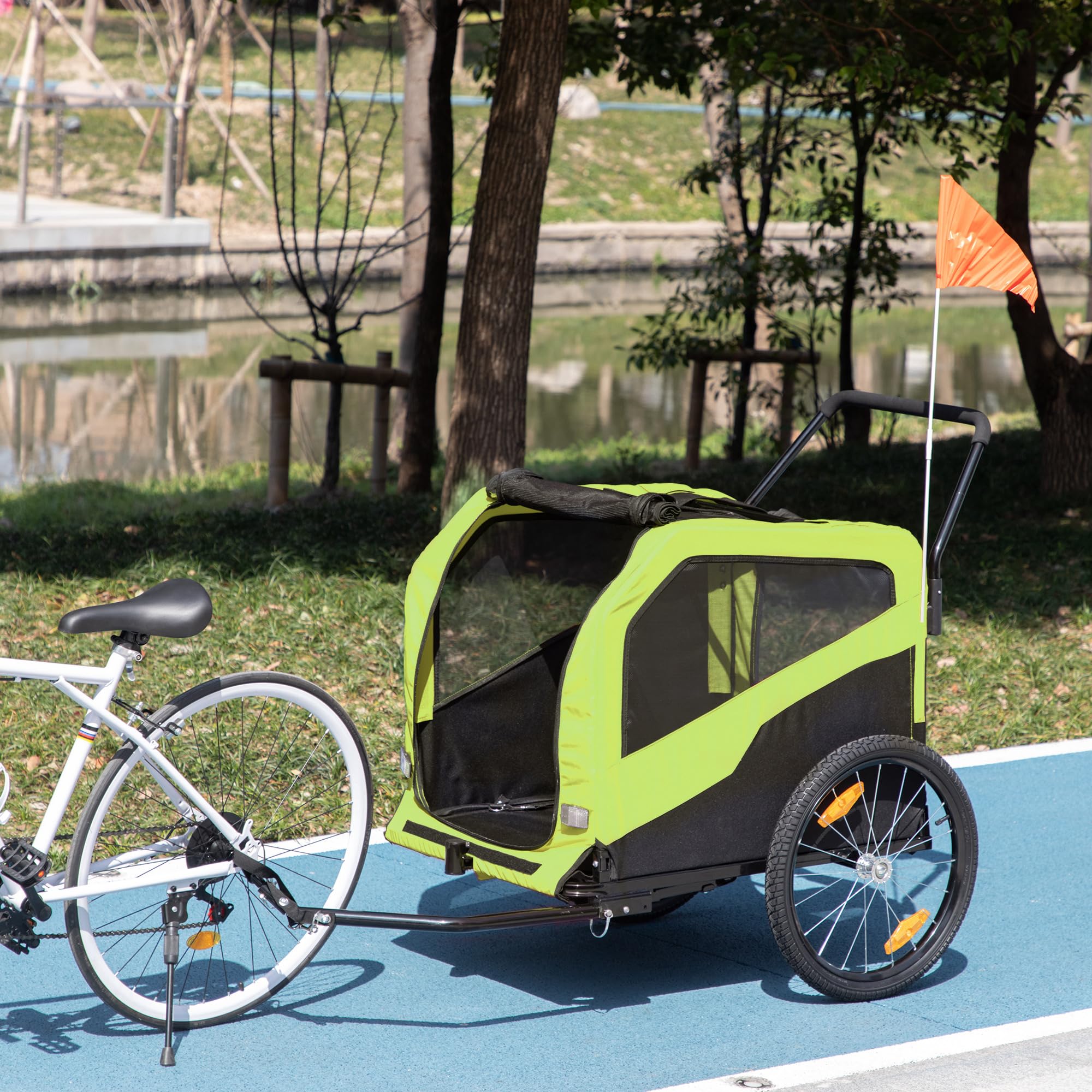 PawHut Rimorchio bici 2 in 1 passeggino per cani grandi con gancio verde | Ruote 20" a sgancio rapido, carrello bici per animali, per viaggio