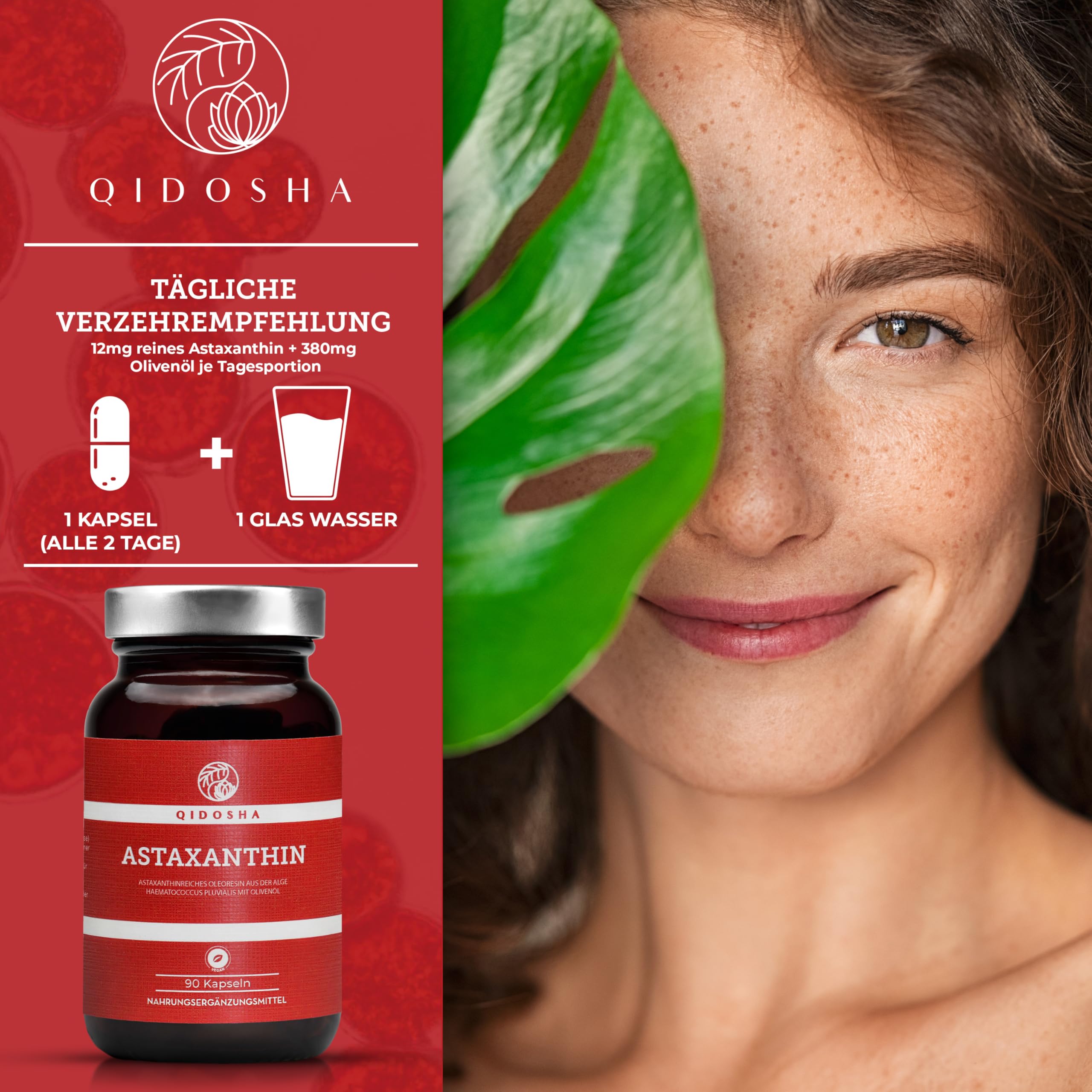 QIDOSHA® Astaxanthin 12 mg aus EU-Rohstoffen & Olivenöl, 90 vegane Kapseln im Apothekerglas, flüssiges Astaxanthin aus portugiesischer Algenzucht
