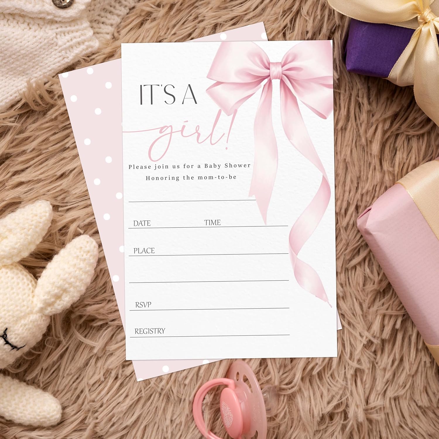 Baby Shower Invitations for Girl, 25 Pink Bow Double-Sided Gender Reveal Invites with Envelopes, Bowknot Invitation Cards for Party Favor Decorations -A08