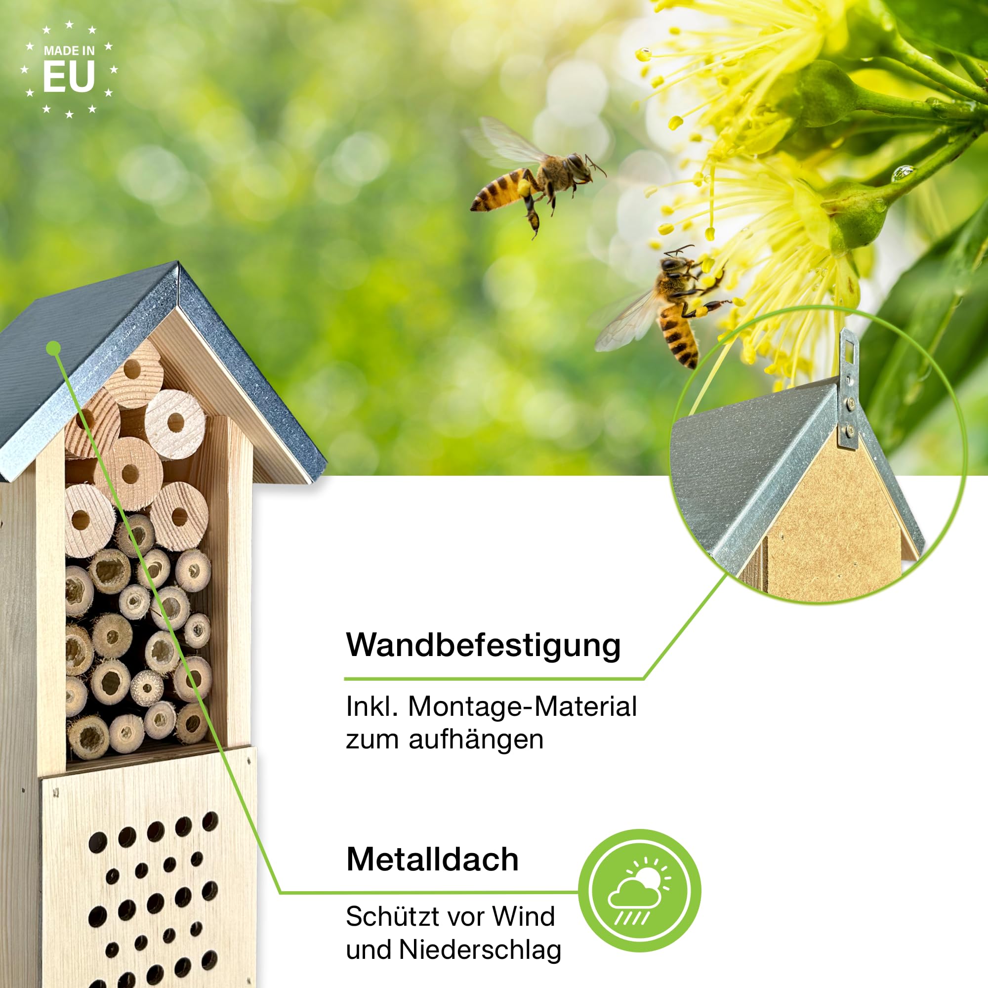 GARTENETAGE Freistehendes Insektenhotel aus Holz mit Erdspieß – Ideal für Wildbienen, Schmetterlinge & Co – Wetterfest mit Bambusrohren, Tannenzapfen & Holzwolle – Fördert Bestäubung & Artenvielfalt