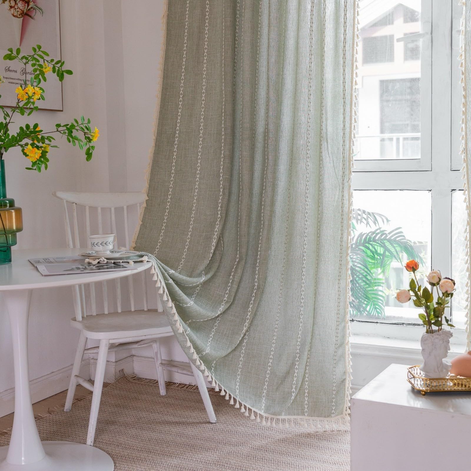 A.Monamour Tenda Interni Traslucido Semi Oscurante Boho Decorativo con Nappe a Righe Effetto Lino Tessuto Spesso Tende a Pannello Porta Finestra per Camera da Letto Soggiorno Cucina, 1 Pezzo, verde