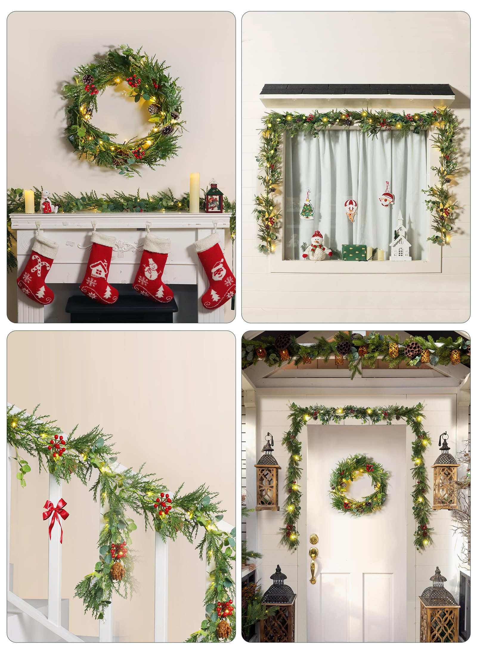 Brightown Guirnalda de Navidad con luces, luces LED de Navidad de 6 pies que funcionan con pilas con conos de pino, bayas, hojas de eucalipto, decoraciones de Navidad interiores para escaleras, puerta