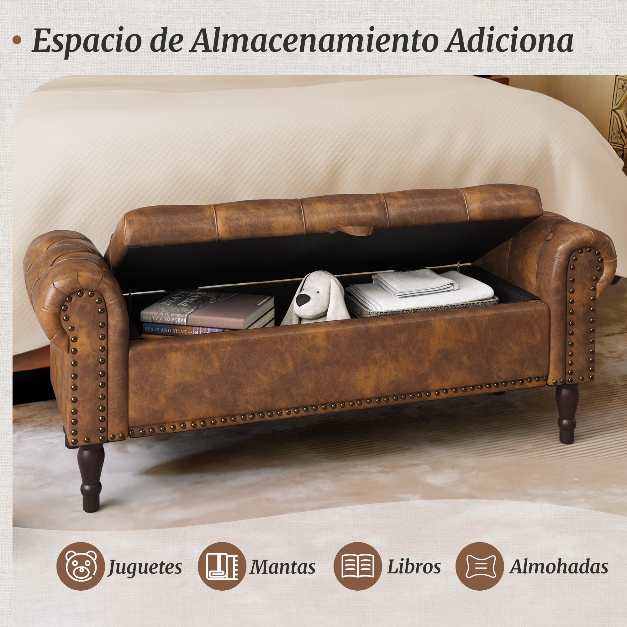 LUE BONA 130cm Banco de Almacenamiento,Banco Descalzadora Almacenaje Otomana PU con Tapa de Bisagras, Patas Madera y Reposabrazos Enrollados,para Dormitorio Entrada Pasillo,130 X 43 X 50 cm,Marrón