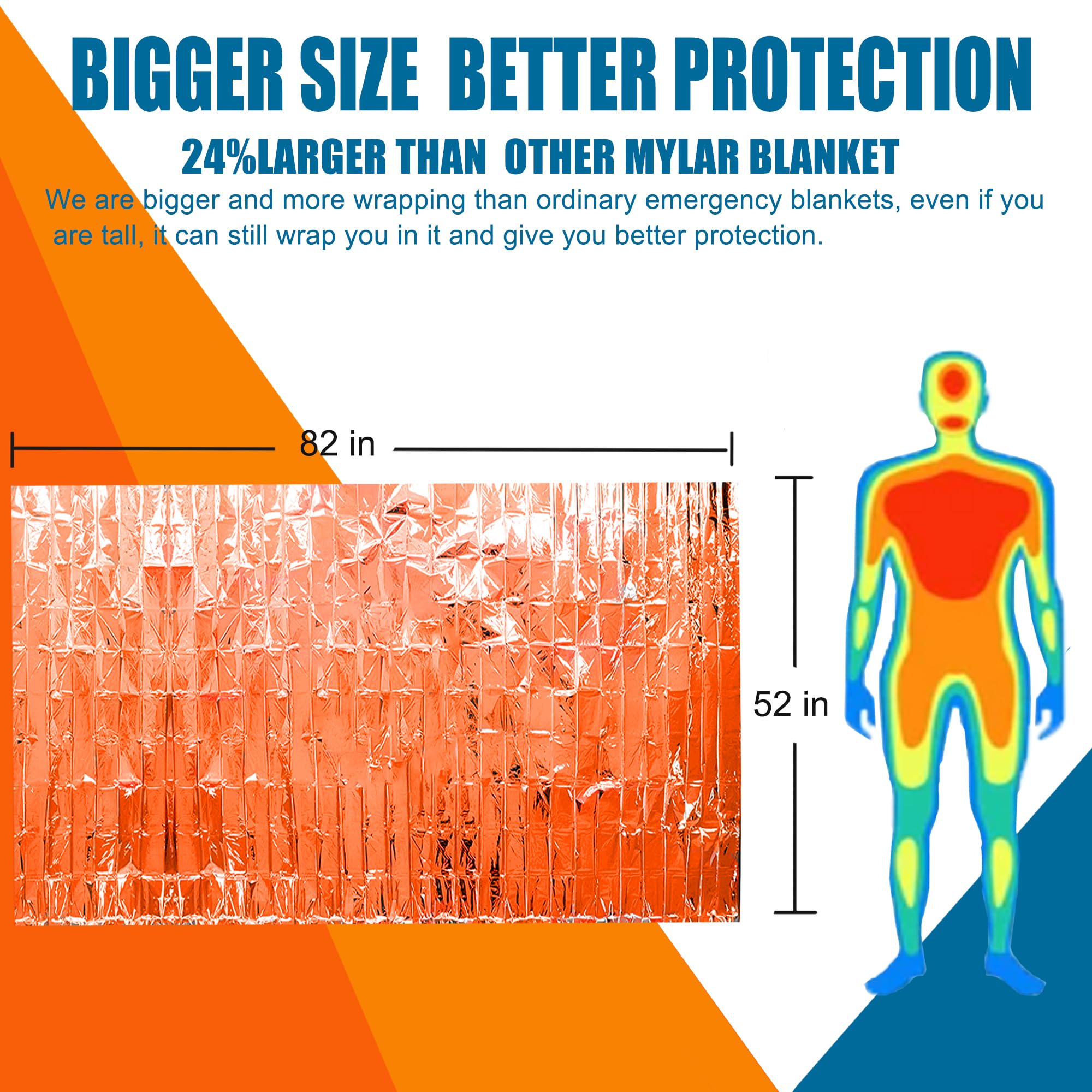 Manta térmica de emergencia de Mylar (paquete de 5) de manta espacial gigantesca de 82 x 52 pulgadas, mantas de supervivencia, equipo de campamento resistente, primeros auxilios, plateado y naranja