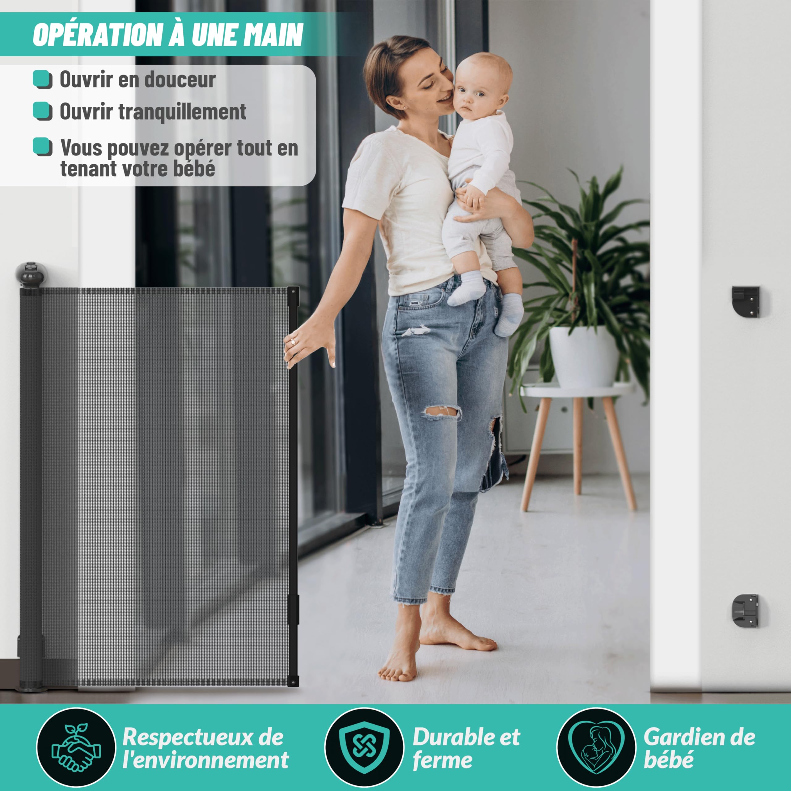 Barriera di sicurezza per bambini, barriera di sicurezza retrattile, 0-140 cm, per bambini e cani, funzionamento a una mano per scale, corridoi, interni/esterni, nero
