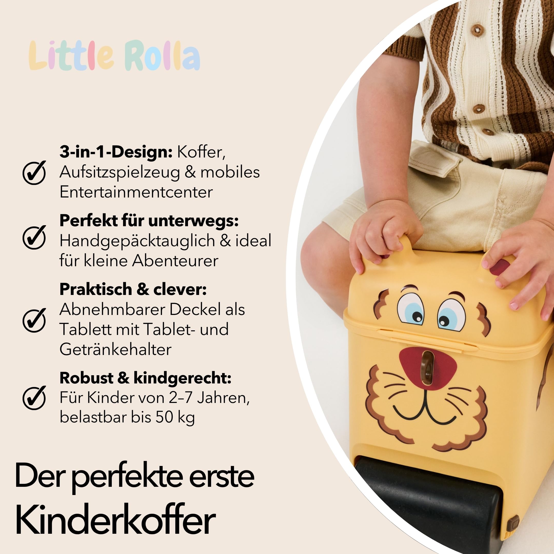 Kinderkoffer – Aufsitzkoffer & Handgepäck für Kinder 2–7 Jahre | 16L Ride-On Koffer mit abschließbarem Deckel, Tragegurt & Tablett – Reisekoffer zum Ziehen & Draufsitzen (Löwe)