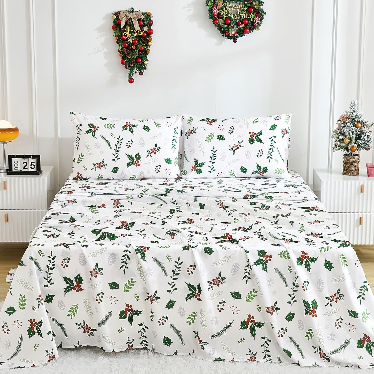 Luxudecor Christmas Sheets Set King Size 4 Piece Greens