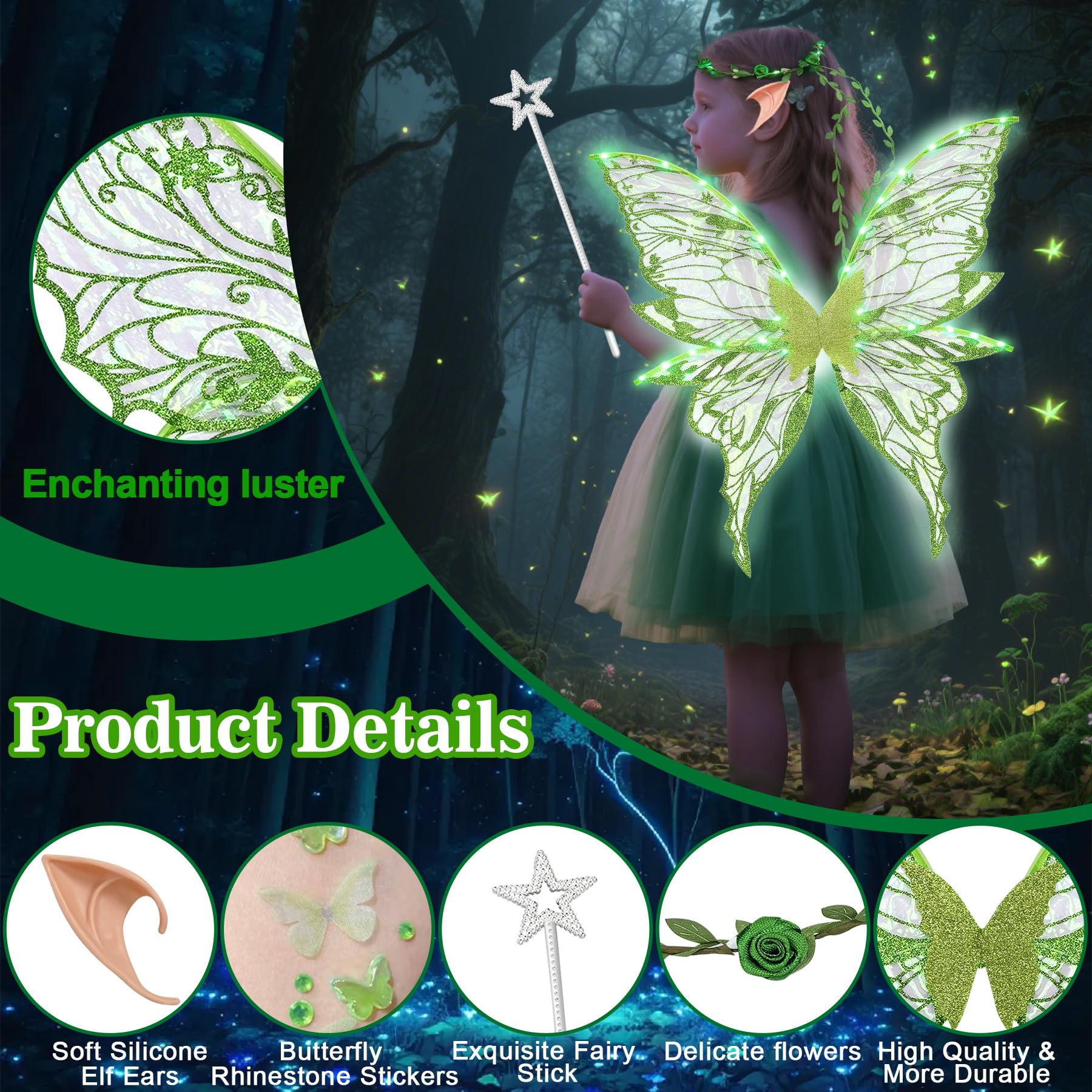 YeahBoom Fairy Wings LED Luminous with Elf Ears LED Fairy Headband and Star Wands Butterfly Wings Costume for Carnival Party - Image 3