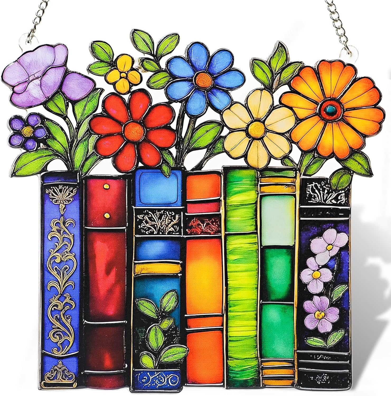 Book Lovers Gifts for Women, Colorful Books & Flowers Sun Catchers Indoor Window Decor, Bookish Stained Glass Window Hanging, Reading Gift for Teacher, Student, Librarian, Reader
