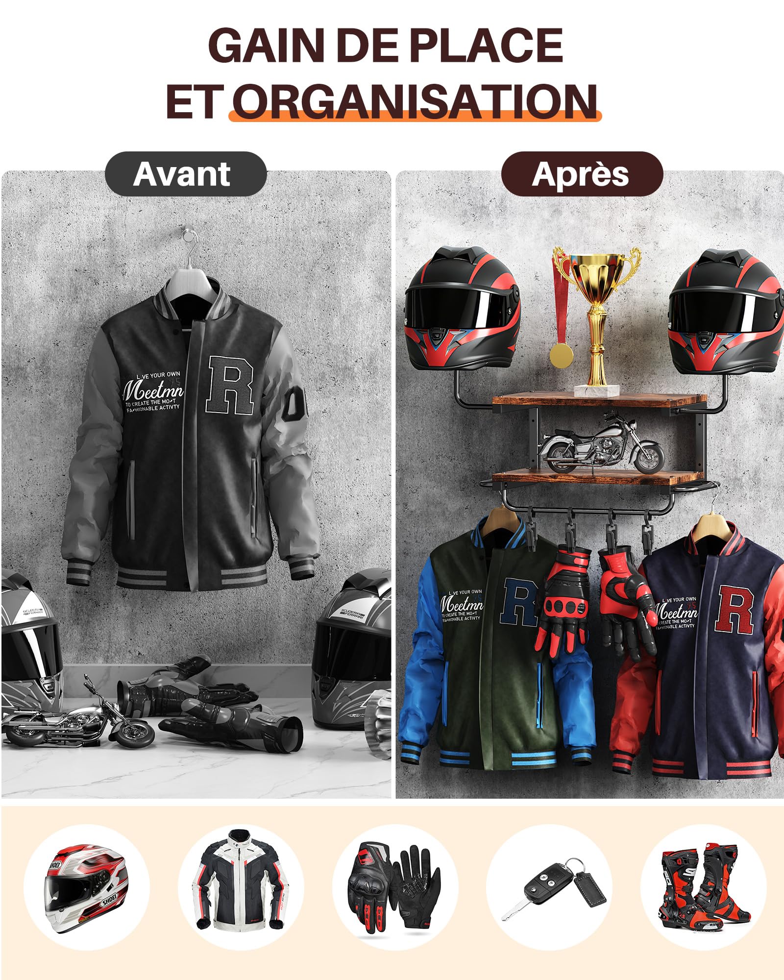 Support Casque Moto pour Accrocher Casquettes et Vestes, Marron