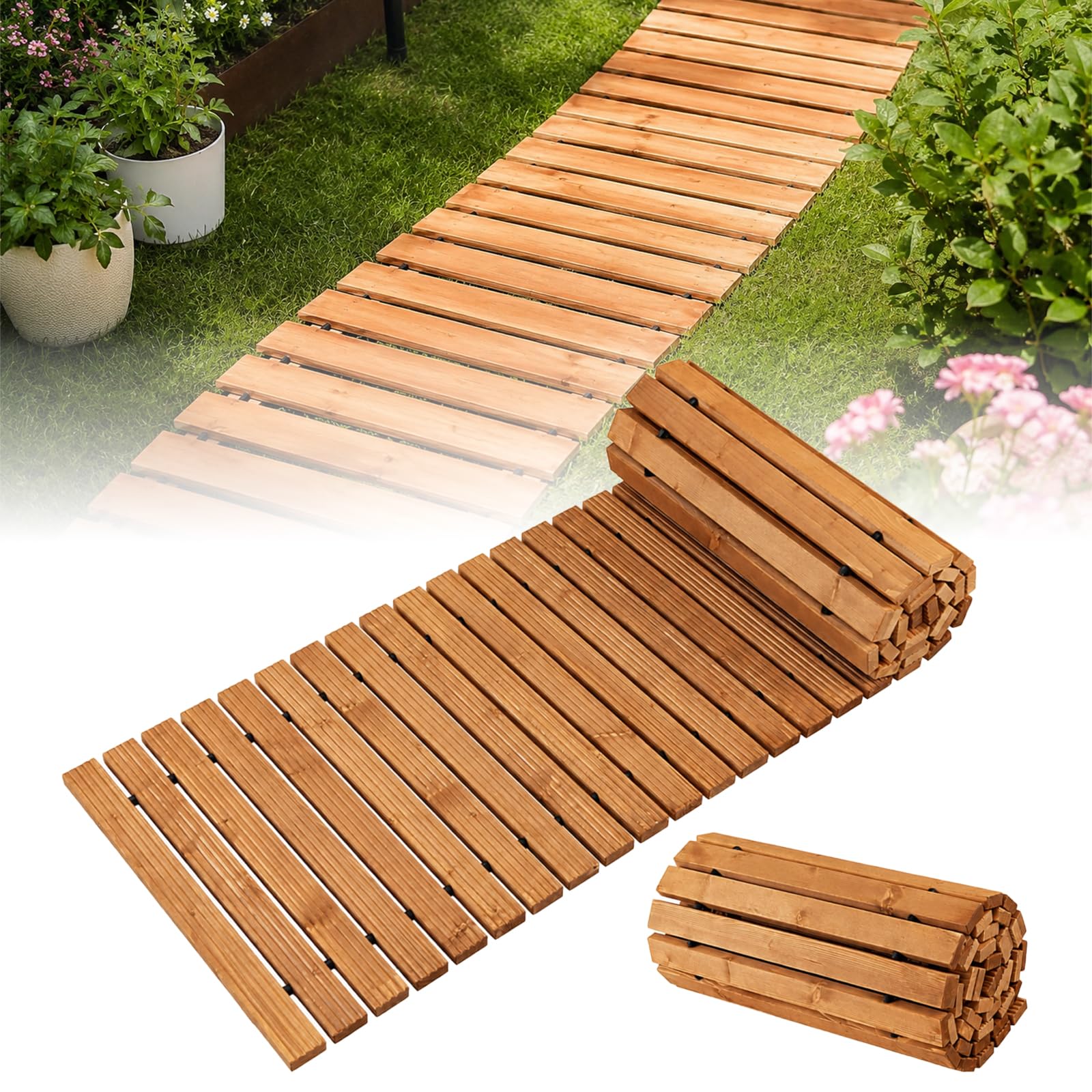 Holzweg - Percorso da giardino arrotolabile, in legno di cedro, 2,4 m