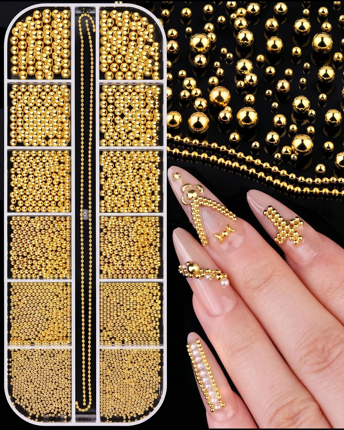 1 Boîte Perles Acier Doré pour Ongles, Coffret 12 Compartiments (0.6-2.0mm) + Chaînes Or, Assortiment Multi-Tailles pour Nail Art 3D DIY & Pro