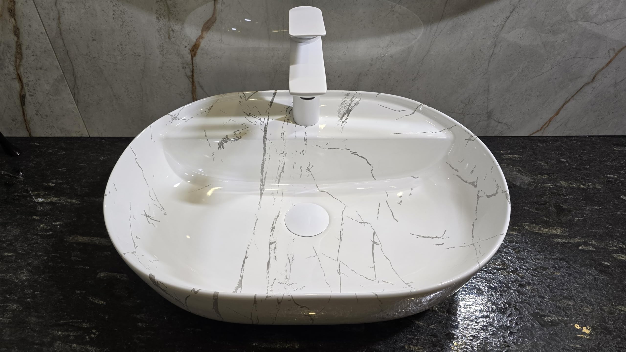 Umywalka ceramiczna owalna - 50 x 40 x 13 cm - Biały/marmur - nablatowa i WC dla gości - do rąk