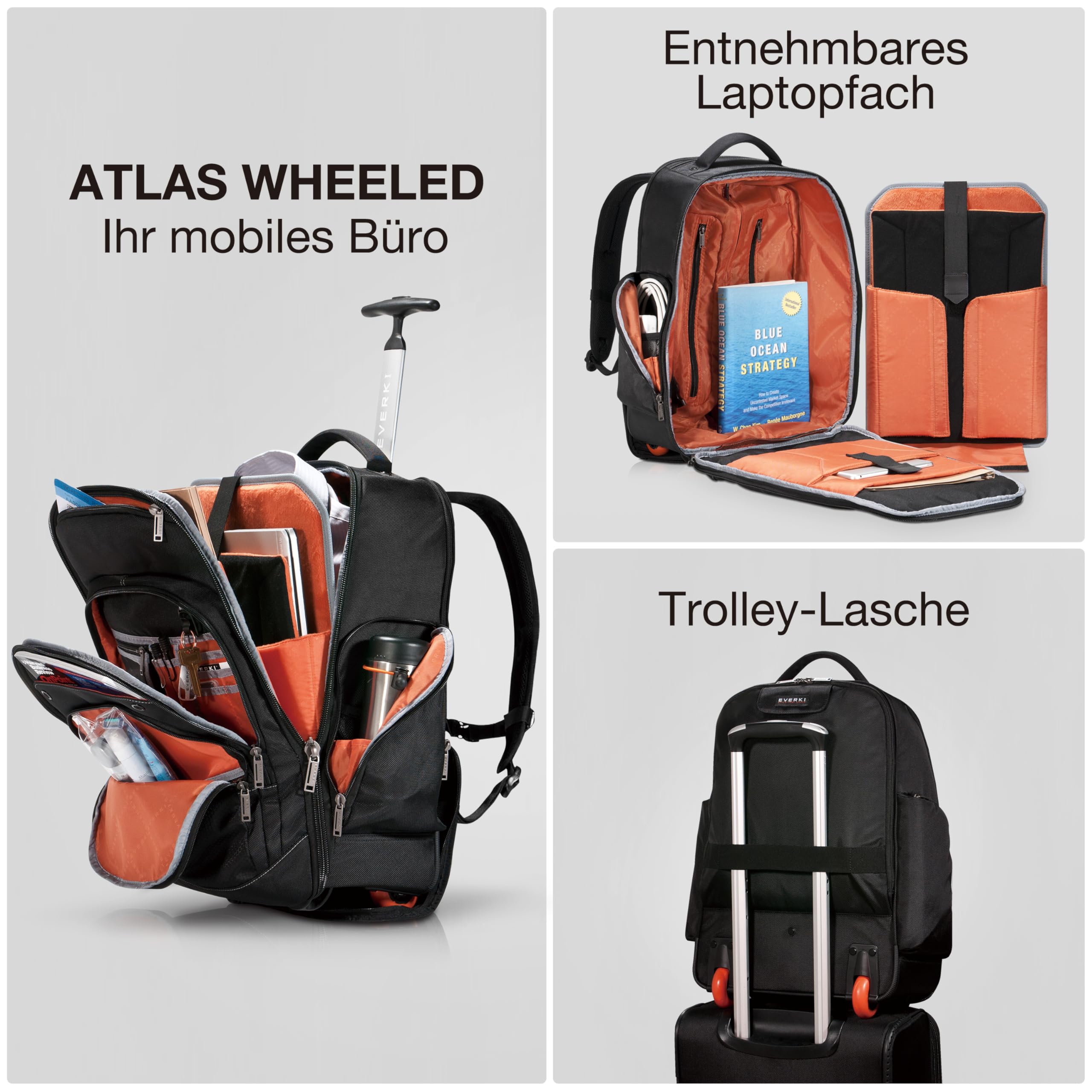 Everki 122 Atlas Wheeled Laptop Rucksack mit Rollen für 13 bis 17,3 Zoll Laptops - Plus Kit mit Kabeltasche, Handgepäck Trolley, Schwarz, 30L