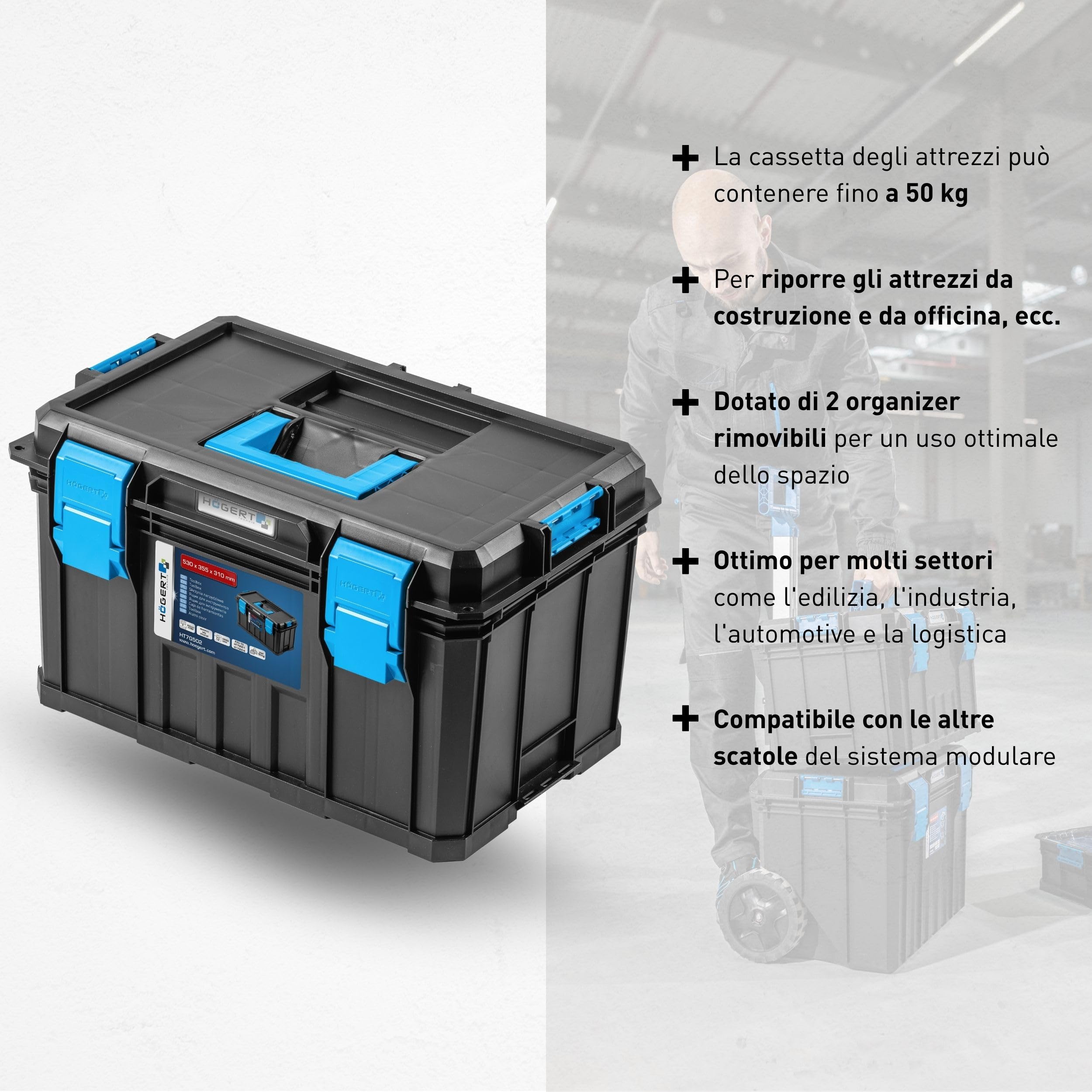 Högert Technik - Cassetta Degli Attrezzi, Portata Fino a 50 kg, Pratica e Spaziosa, Resistente ai Danni, Antipolvere, Robuste Chiusure in ABS, Struttura Modulare - HT7G502