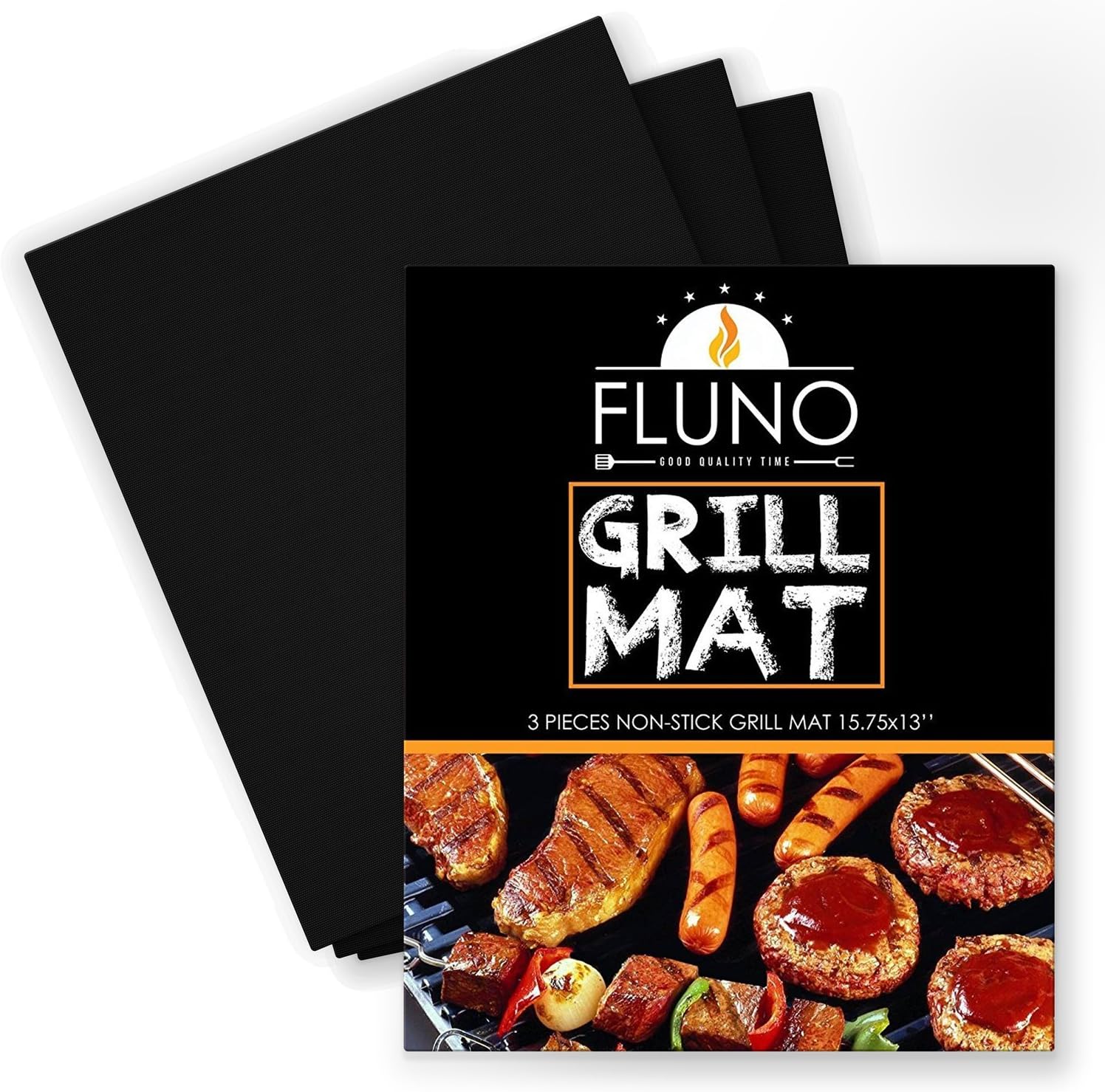FLUNO Grill Mat-Set of 3 - Heavy-Duty, Non-Stick Grilling Sheet, Durable Mat, Reusable, Easy To Clean, PFOA Free, FDA Approved, 15.75x13 Inches -1 Year Warranty-Black