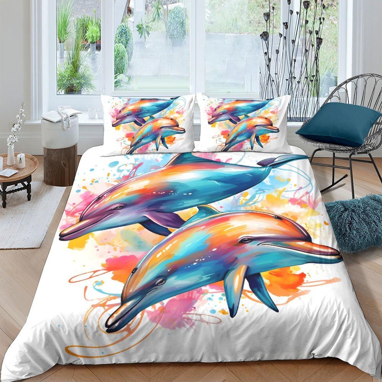 Ctjqhvkz Style-2 3D Printed Colorful Dolphin Fitted Sheet Microfiber Soft Mattress Cover For Bedroom Guest Room Decor Washable Single（135X200cm）