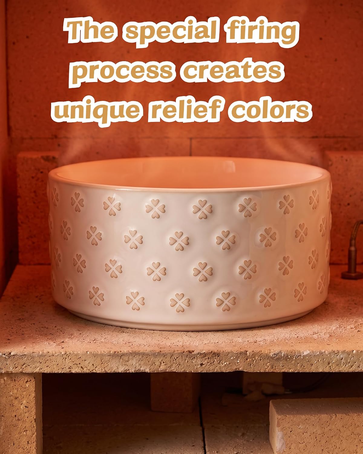TRUVIC Ceramic Dog Bowl with Wood Stand, Jun Blanc Four-Leaf Clover Relief Dog Food and Water Bowl, 2 Cup/14 oz Puppy Food Bowl for Medium Dogs, Dishwasher Safe, Modern Geometric, Four-Leaf Clover