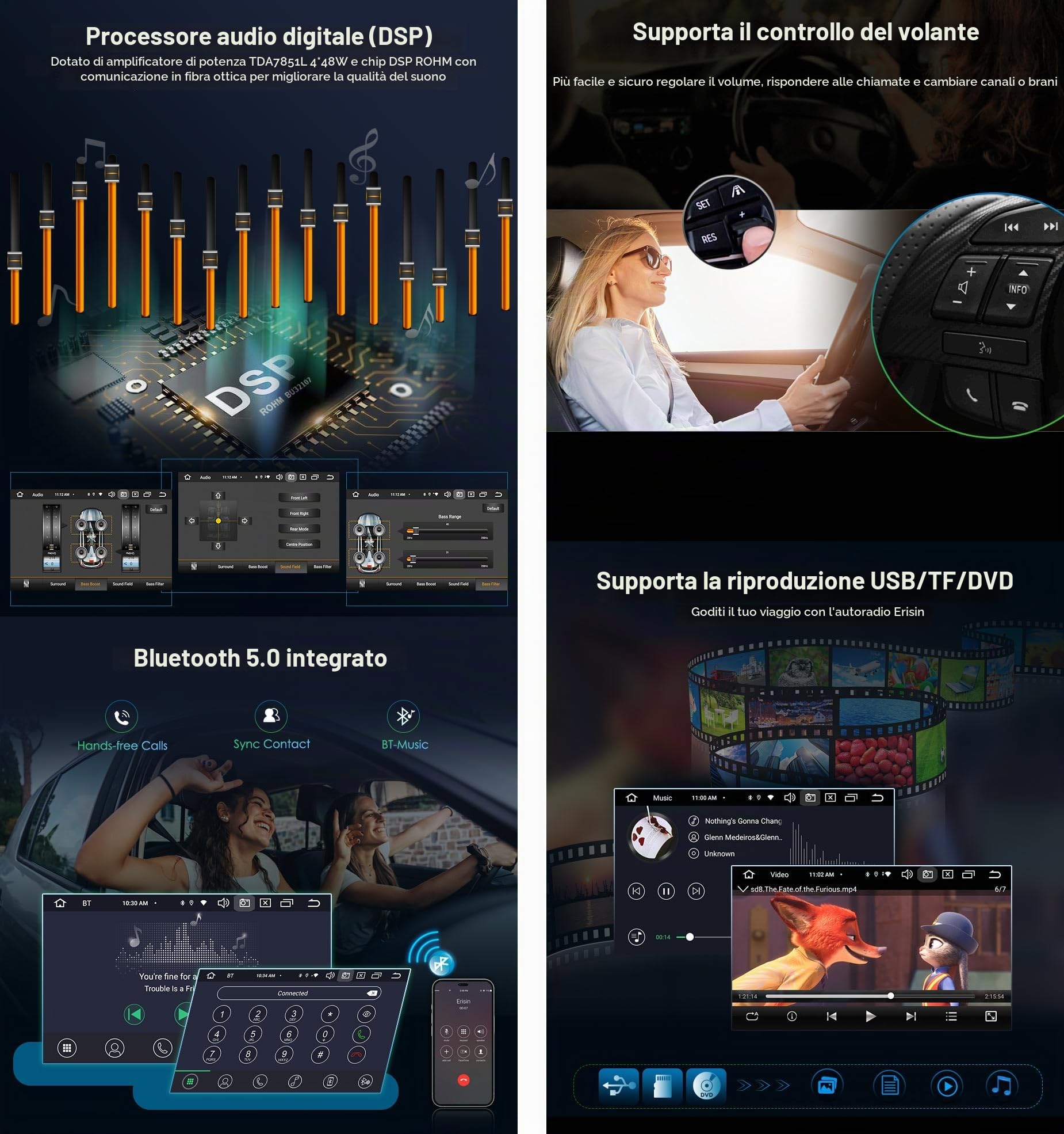 Erisin 7" 8-Core 4GB+64GB Android 14 Autoradio 2 Din GPS Navigatore per VW Polo 6R Golf 5 Golf 6 T5 Passat B6 Jetta Tiguan Seat Leon Skoda CarPlay Android Auto WiFi 4G DSP RDS DAB+ CD DVD Canbus OPS