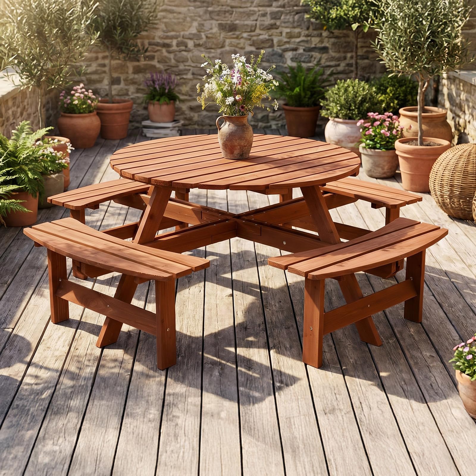 VINLGI Picknicktisch Set für 8 Personen,Biertischgarnitur Holz mit 4 Bänken & Schirmloch, Gartenmöbel Set Wetterfest,Esssets Terrasse, Hof, Garten&Veranda (Rund&Dunkelbraun)