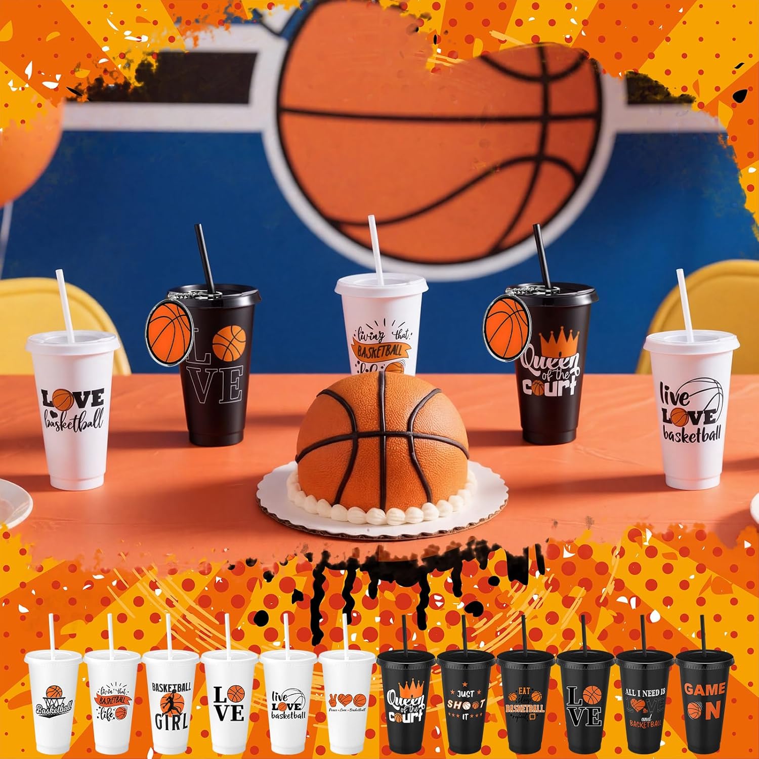 Nuogo 24 Pcs Basketball Cups Party Favor 12 Basketball Plastic Reusable Tumbler with Lid and Straw 12 Acrylic Keychain Bulk for Team Fan Birthday Sport Lovers Gifts Party Supplies