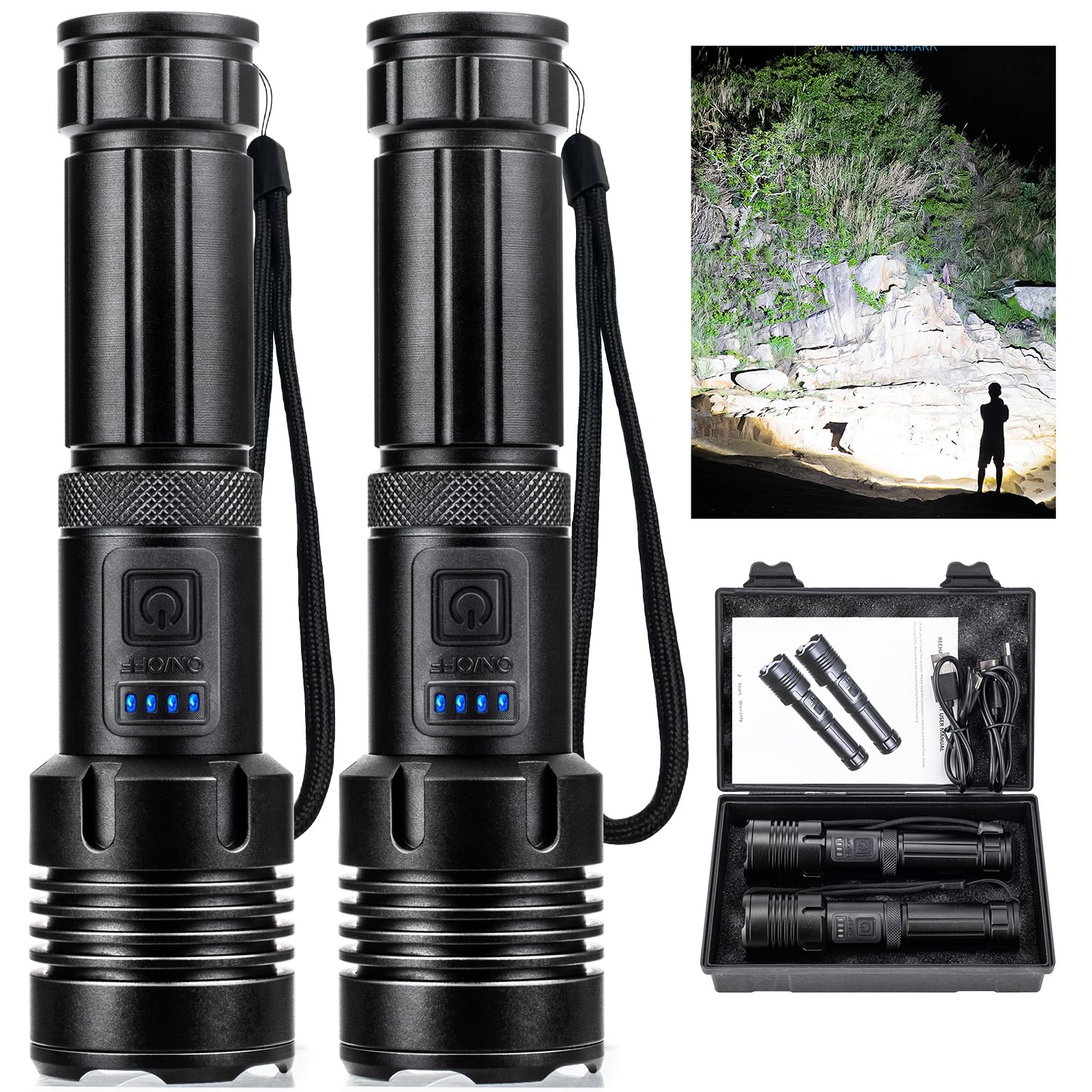 Flashlights 990,000 High Lumens 2 Pack, Super Bright LED Rechargeable Flashlight, 5 Modes, IPX7 Waterproof Flah Light for Emergencies, Camping