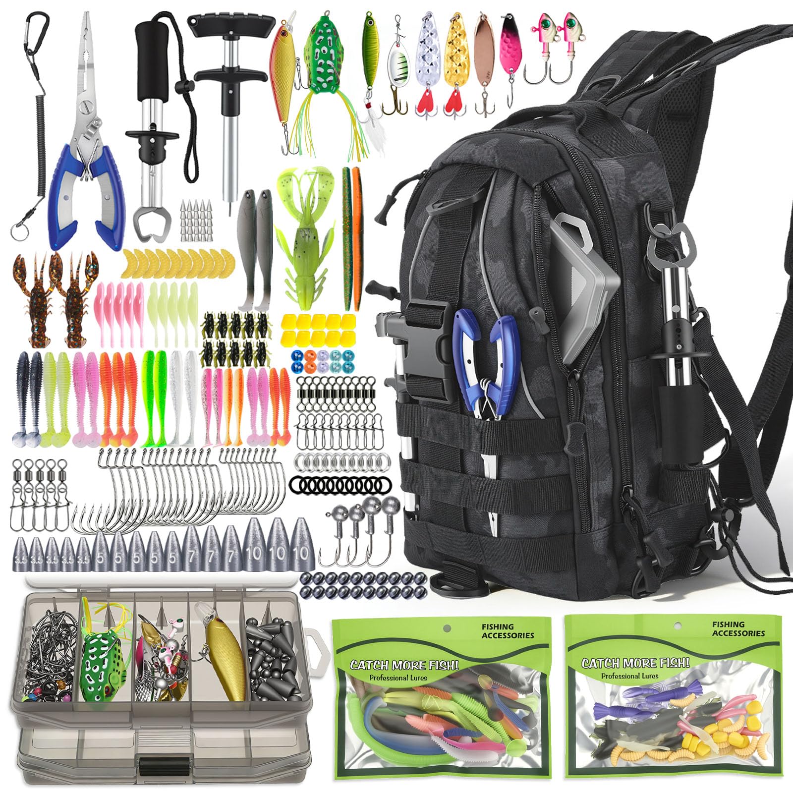 Mochila de pesca impermeable 40L con cajas, juego de 208 piezas, incluye cebo, pinzas, removedor de anzuelos y agarre de labio