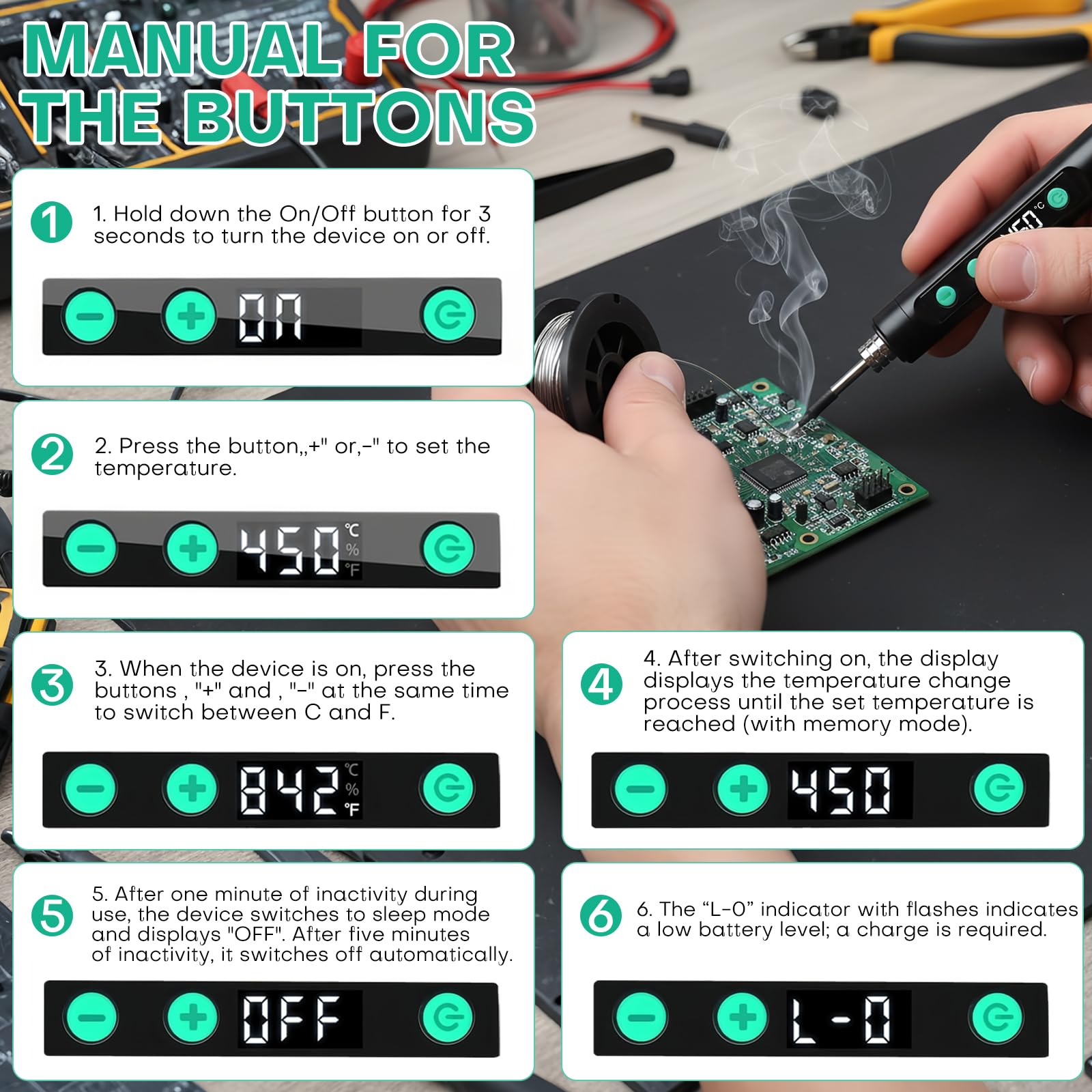Soldador Estaño Inalámbrico, Kit de Soldador Recargable USB con LCD, Temperatura Ajustable 180℃-450℃, 3 Puntas de Soldadura, Alambre y Pasta de Soldadura para Reparación y Bricolaje