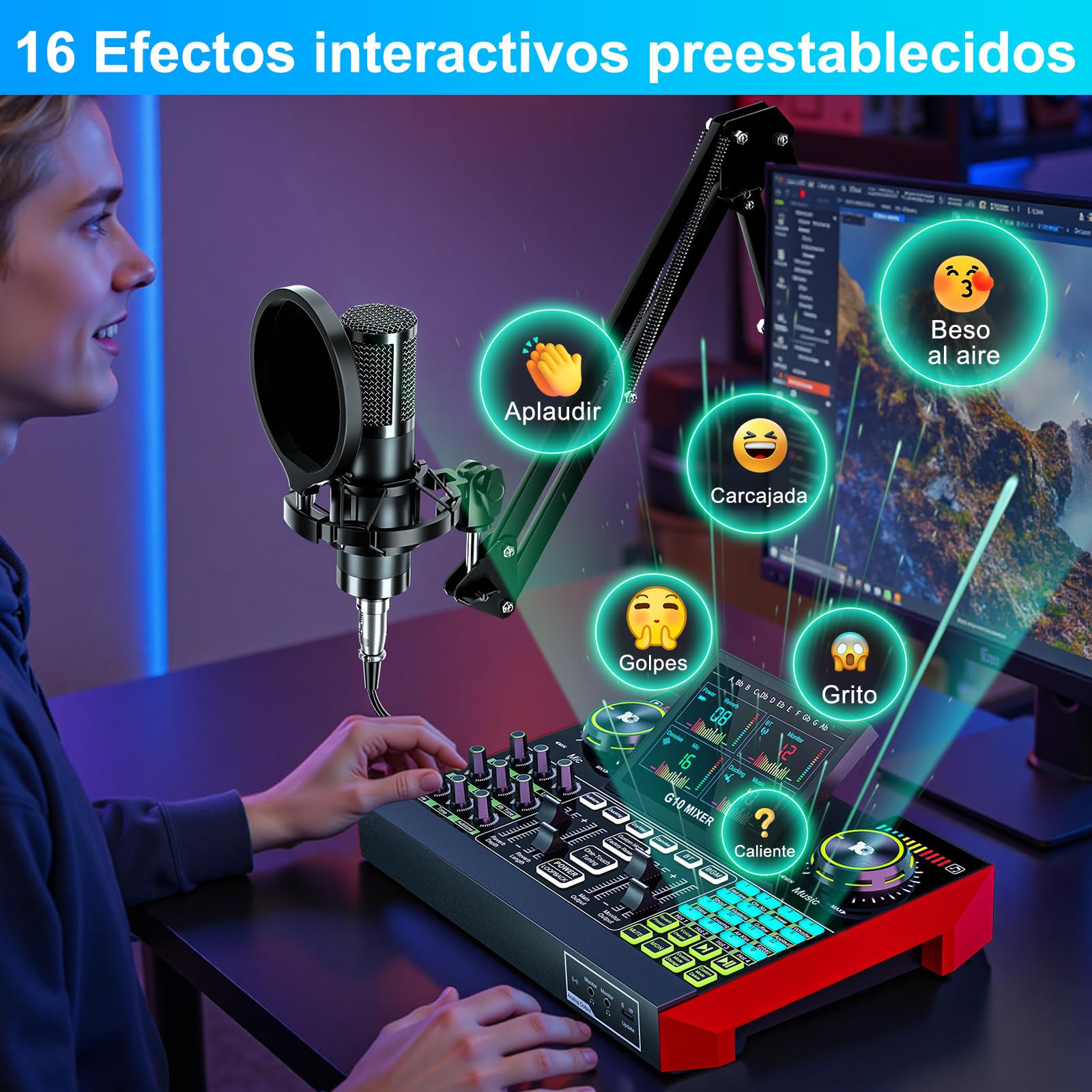 Podcast Equipment Bundle with 3.5mm Condenser Microphone for Pc/Phone Live Streaming Singing Gaming, Podcast Microphone Bundle with Live Sound Board Audio Mixer Denoise,DJ Sets