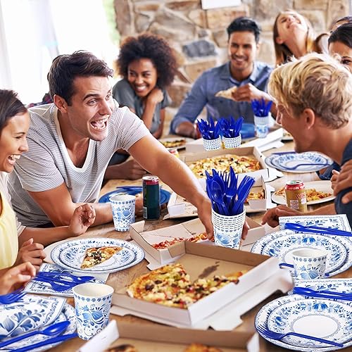 Miniatura 5 de Yaomiao Juego de vajilla desechable floral azul y blanco de 175 piezas para 25 invitados, platos de papel de flores chinoiserie, servilletas, tazas,