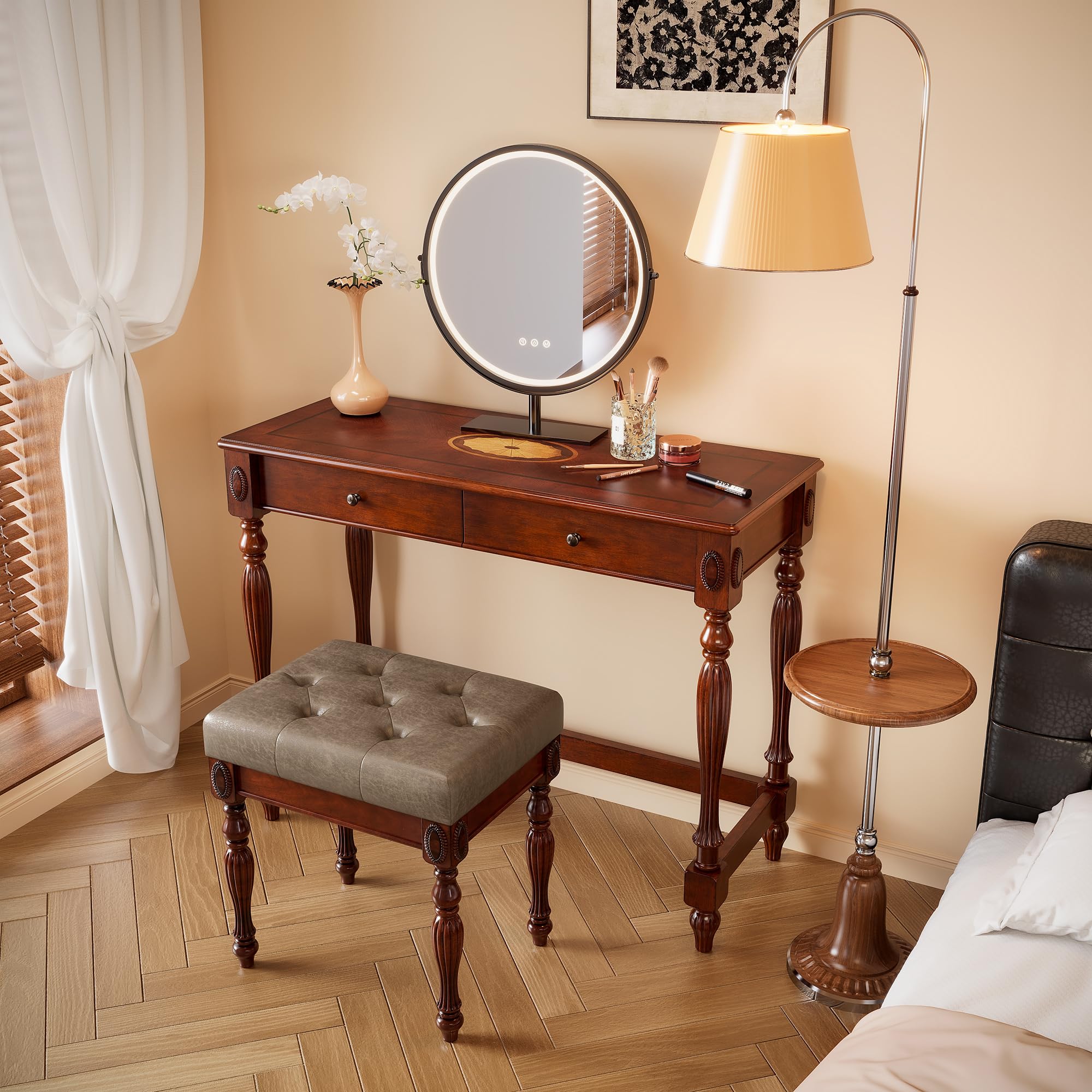 39.4"W Wood Writing Desk Stool Set, Small Vanity Set-Cheery&amp;Light Wheat