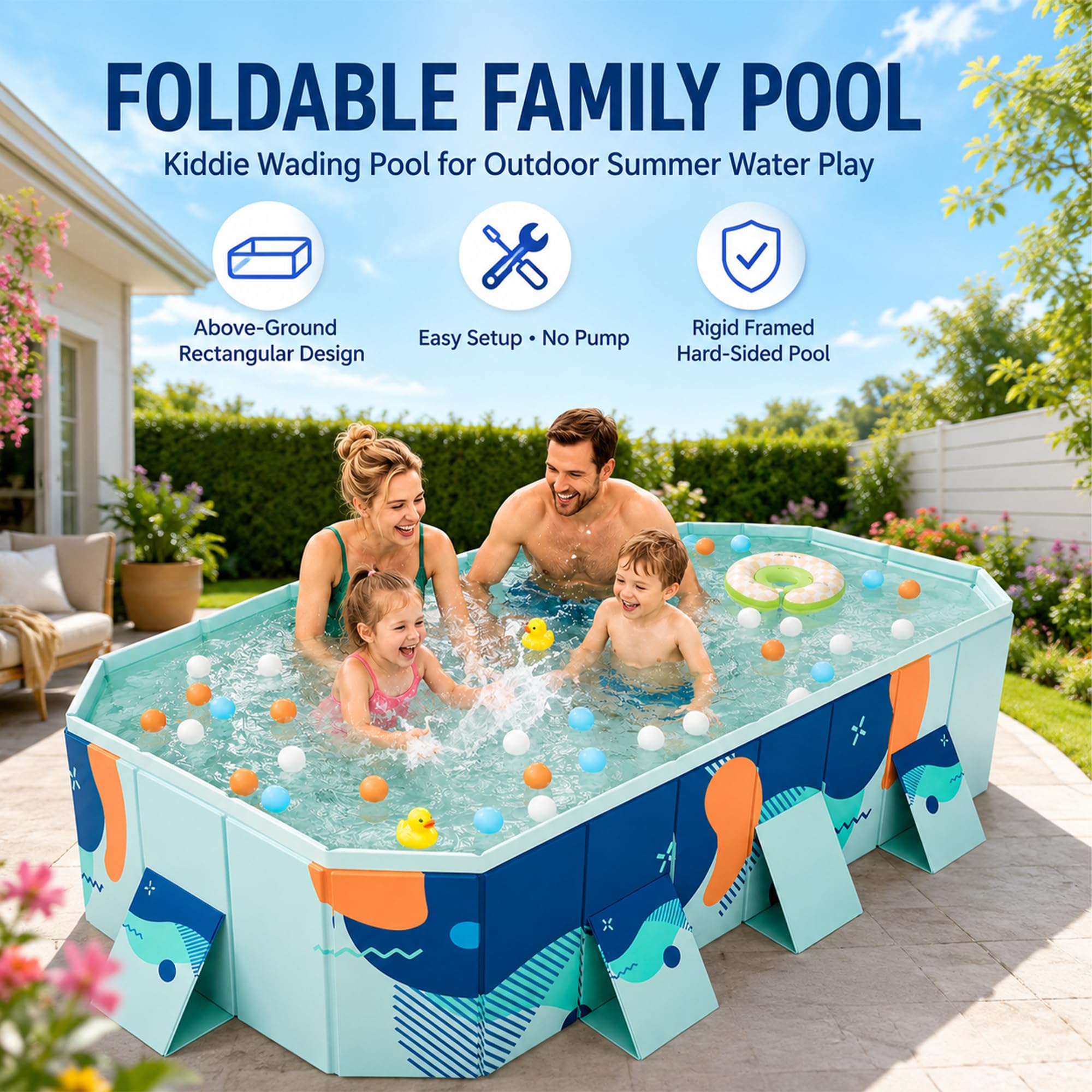 Piscinetta fuori terra rettangolare non gonfiabile, vasca richiudibile | Vasca autoportante senza pompa aria con scarico doppio, PVC piscina portatile per bimbi adulti(B,160cm/63in)