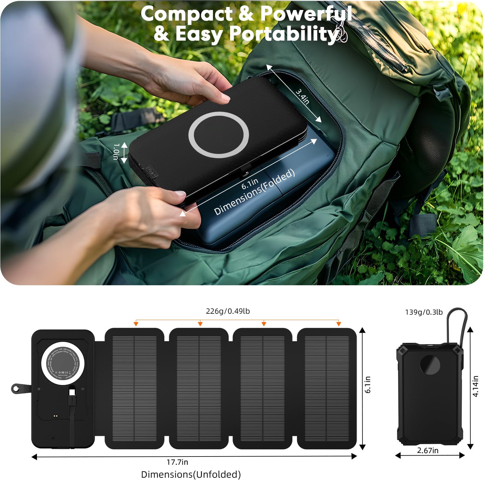 YELOMIN Caricatore solare Power Bank 5000 mAh con 4 pannelli pieghevoli e 2 cavi integrati, caricabatterie portatile wireless, batteria esterna esterna con USB-C/uscita e torcia SOS per campeggio