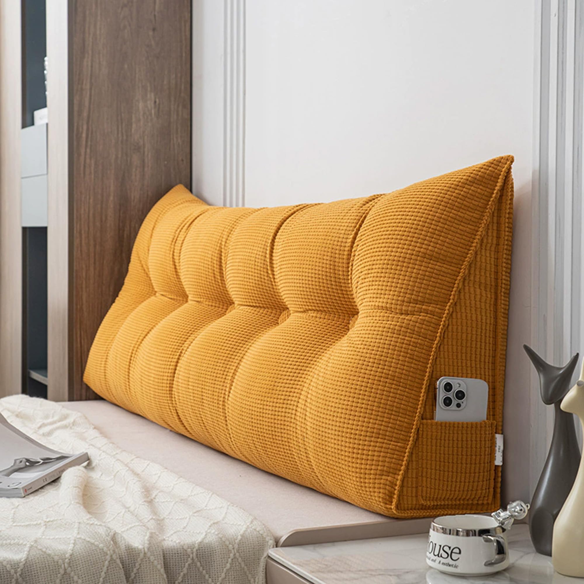Hruile Wedge Reading Cushion for Bed, Large Headboards Pillow, Bed Backrest Positioning Support Pillow with Zipper, Back Lumbar Support Cushion for Relaxing Reading (60x50x20cm,Orange)