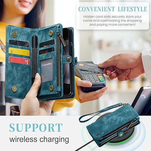 Miniatura 4 de Kowauri Funda para Samsung Galaxy Z Fold 5, con cremallera, magnética, de piel, con soporte para bolígrafo S, correa de muñeca, tarjetero a prueba