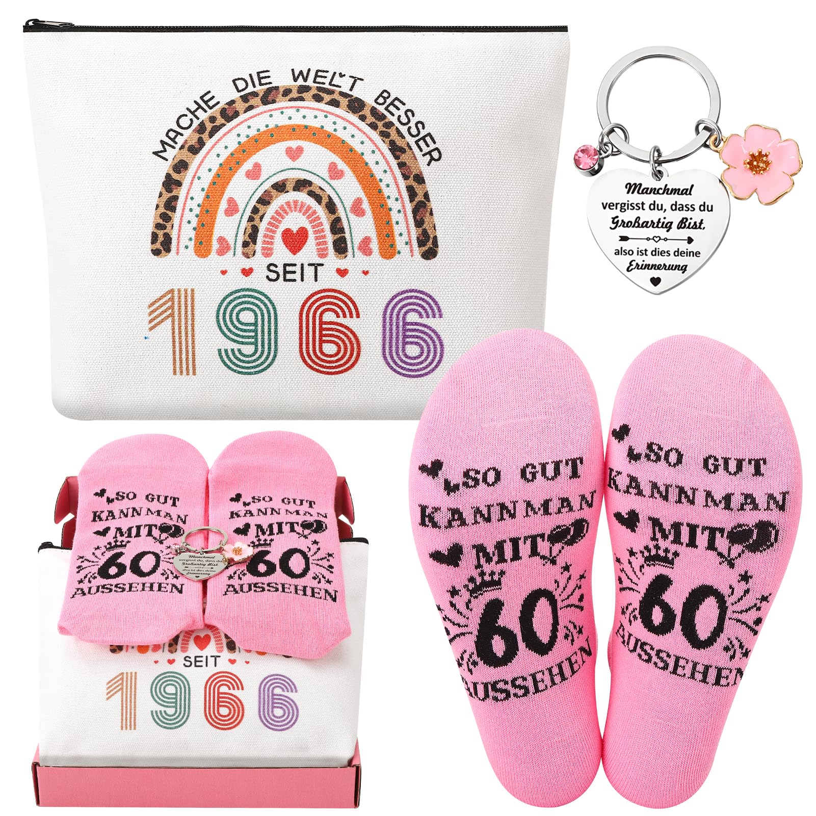 Utensilsto Lustiges Geschenkset zum 60.Geburtstag für Frauen-Kosmetiktasche mit Leopardenmuster-Stil Socken Schlüsselanhänger für Damen Ehefrau Mutter Oma Schwester(60 Jahre alt)