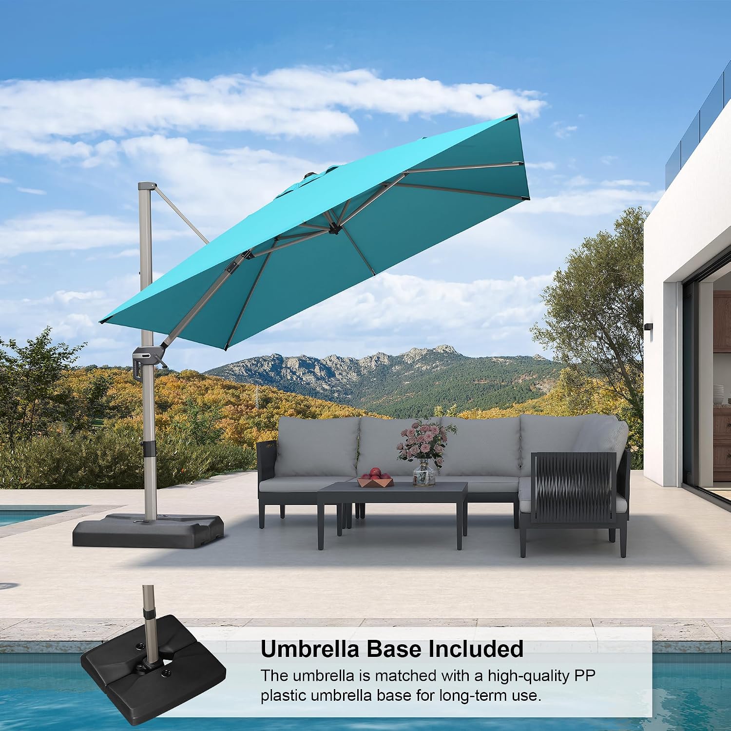 PURPLE LEAF 10FT Patio Umbrella with Base Cantilever Umbrella Square Outdoor Offset Umbrella with Champagne Frame and 360° Rotation for Garden Deck Pool, Turquoise Blue