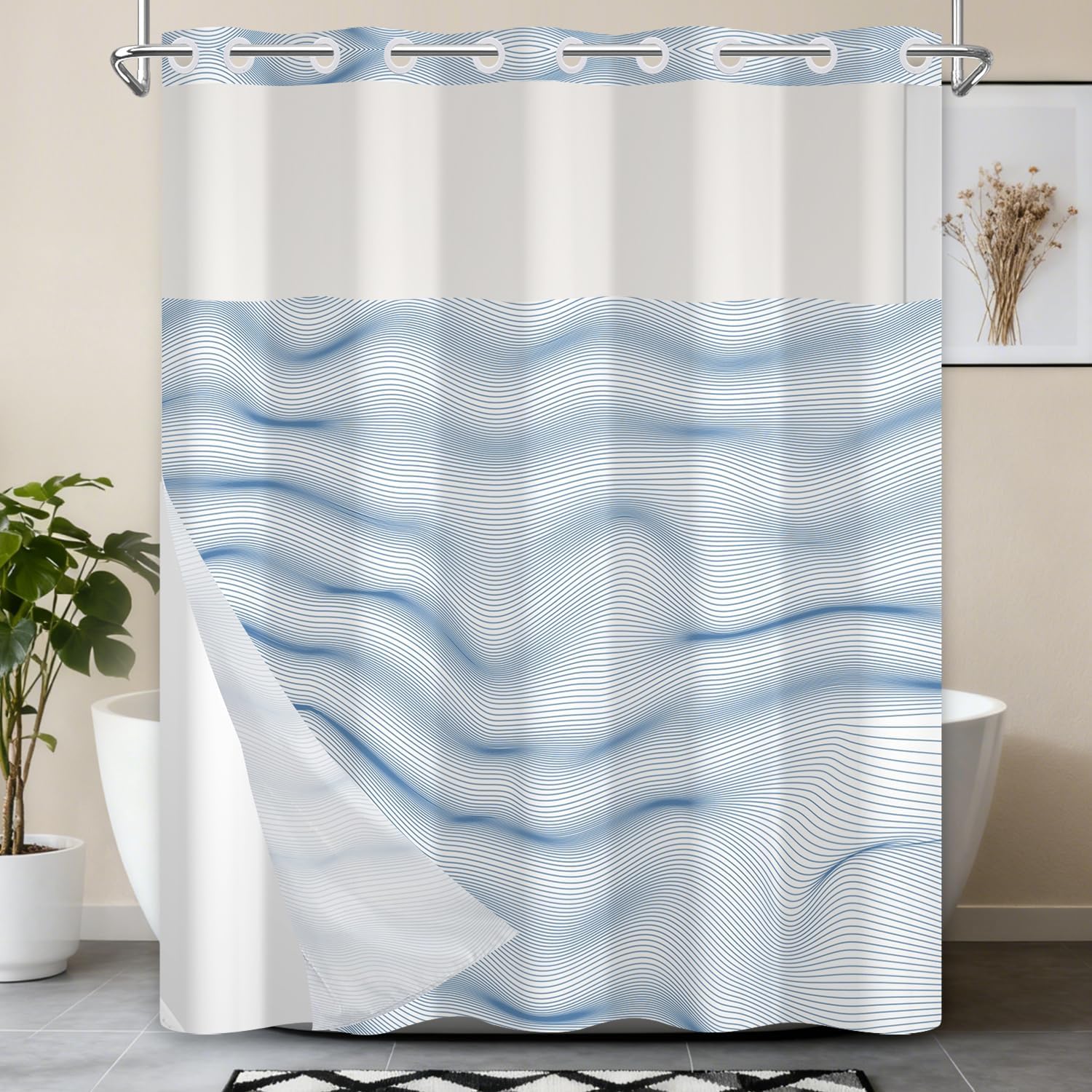 No Hook Shower Curtain with Snap in Liner, Soft Blue Wavy Striped Pattern, Sleek Modern & Hotel Style Bathroom Decor, Double Layer Waterproof Fabric with Mesh Top, 71”W x 74”H