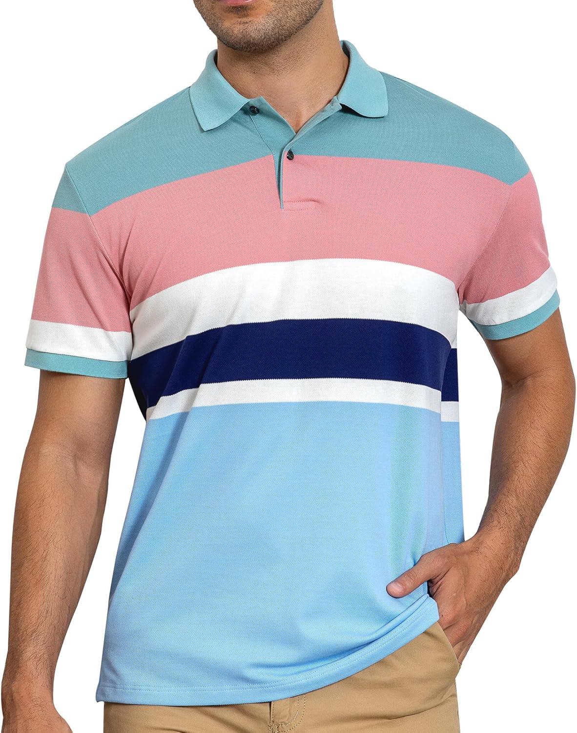 Cotton Short Sleeve Striped Polo Shirts for Men Pique Golf Shirts