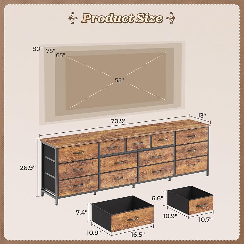 Huuger 70 Inch Long Dresser for Bedroom, TV Stand for 65, 75, 80 Inch TV image 3