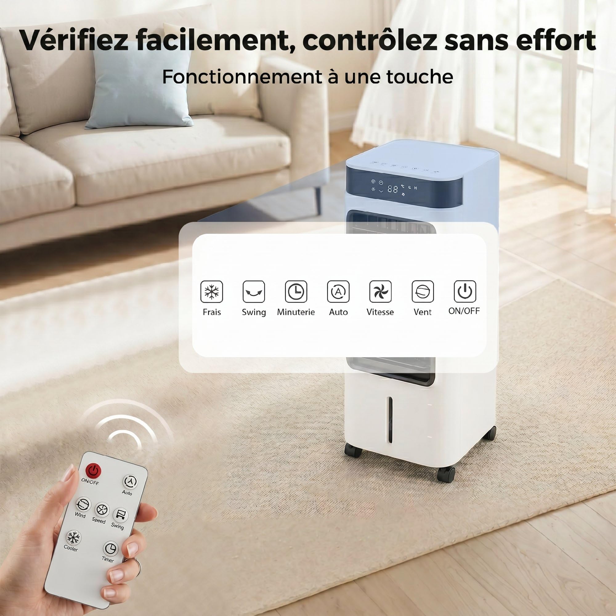 HOMCOM Refroidisseur d'air portable 3 en 1 refroidisseur humidificateur et ventilateur, oscillation 48°, 3 vitesses 3 modes, réservoir d'eau 7L, blocs de glace, télécommande, panneau tactile, blanc