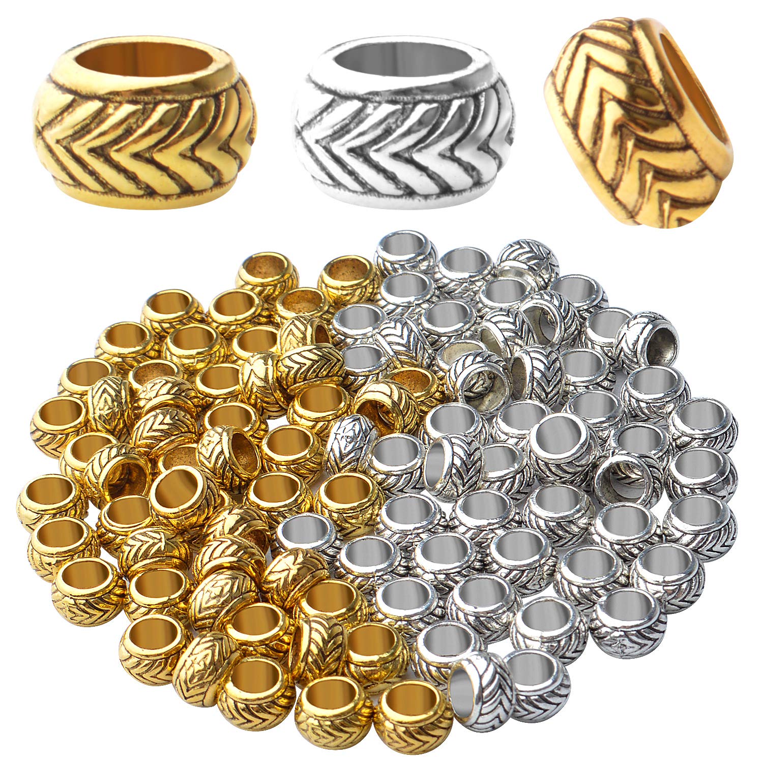 100pcs Tibetan Alloy Large Hole Rondelle Spacer Beads European Tube Spacers Column Loose Beads Jewelry Beads Spacers for Bracelet DIY Jewelry Making(7.5×4.5mm, Hole:4.5mm)
