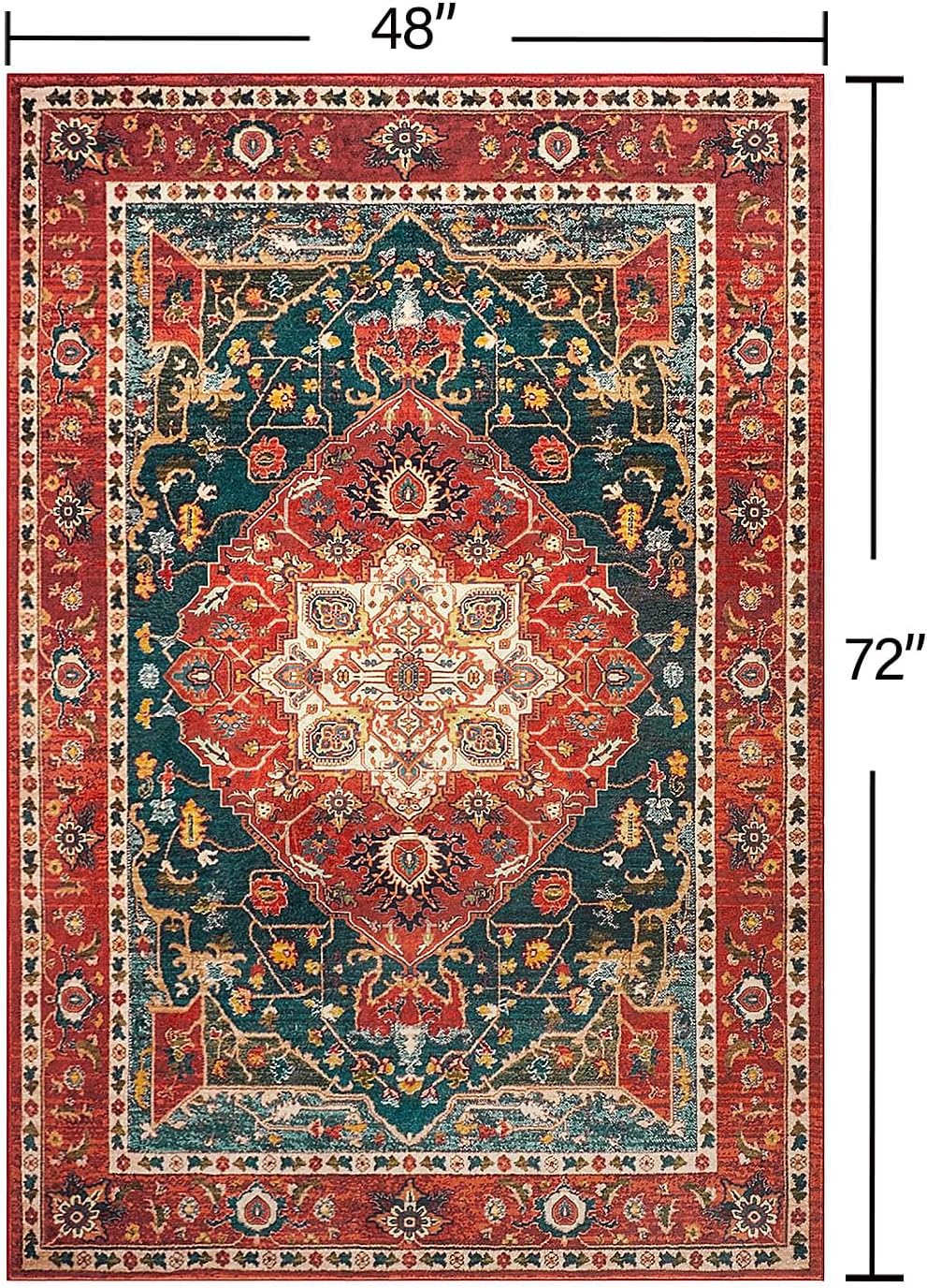 YJ.GWL Area Rugs for Living Room 4x6 Machine Washable Rugs for Bedroom, Non Slip Floral Vintage Rug Indoor Carpet, Stain Resistant Throw Rug for Dining Room Kitchen, Orange-Red