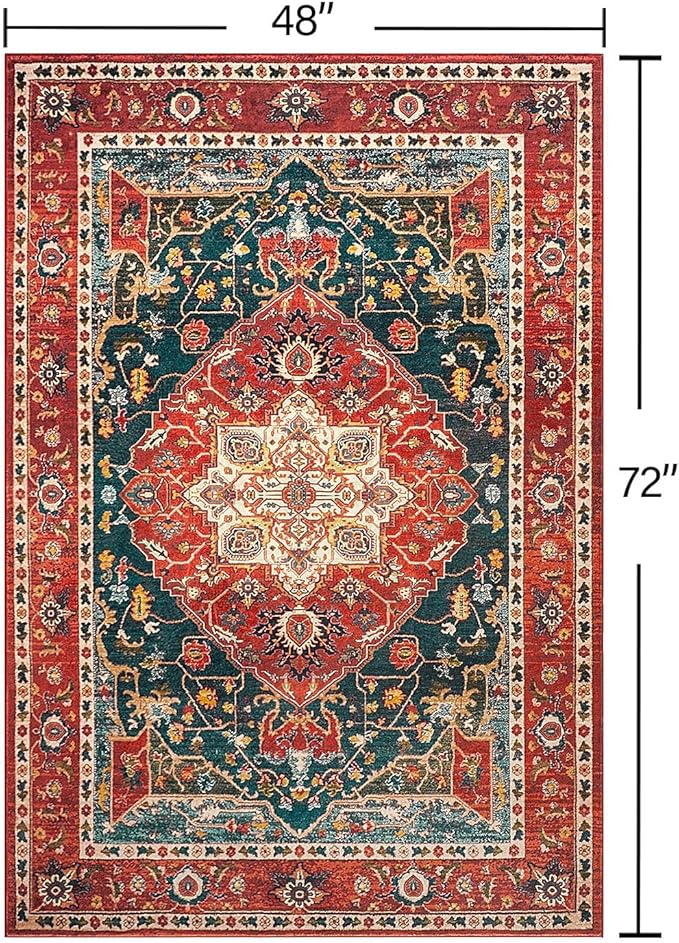 Alfombra para sala de estar 4x6 Lavable a máquina Antideslizante Floral Vintage Naranja-rojo miniatura 2