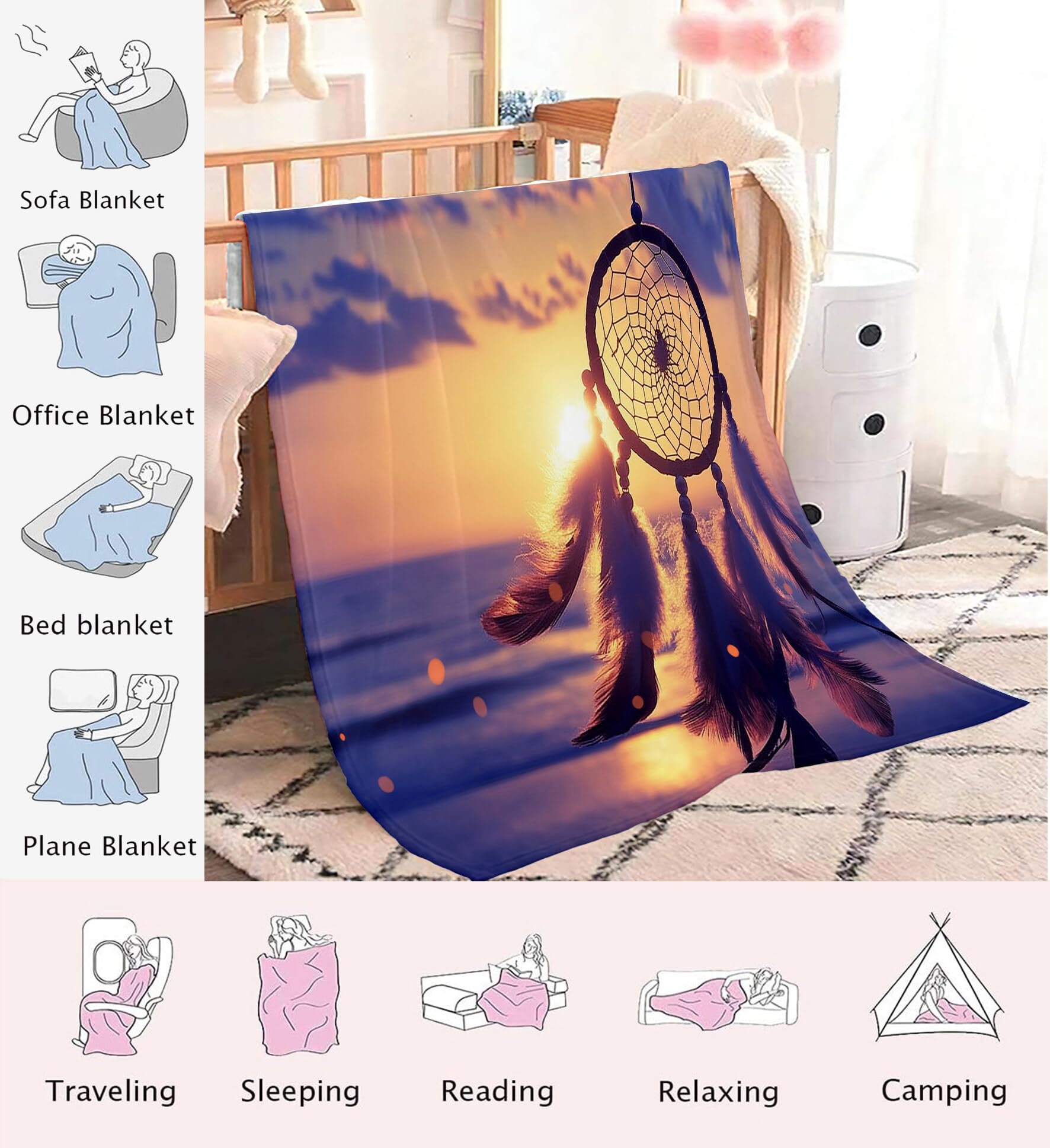 Manta Franela para Cama,Manta para Sofá Naranja-Azul Atrapasueños del Océano 220X240Cm Suaves Microfibra Grande Flannel Blanket,Paisaje De Luz Y Sombra Estampado Manta Invierno Calentitas