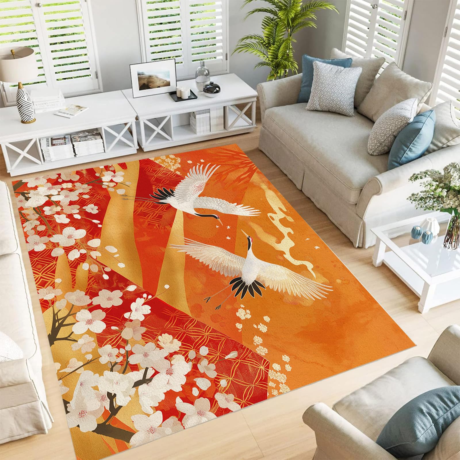 Tapis de salon antidérapant et doux motif grue blanche
