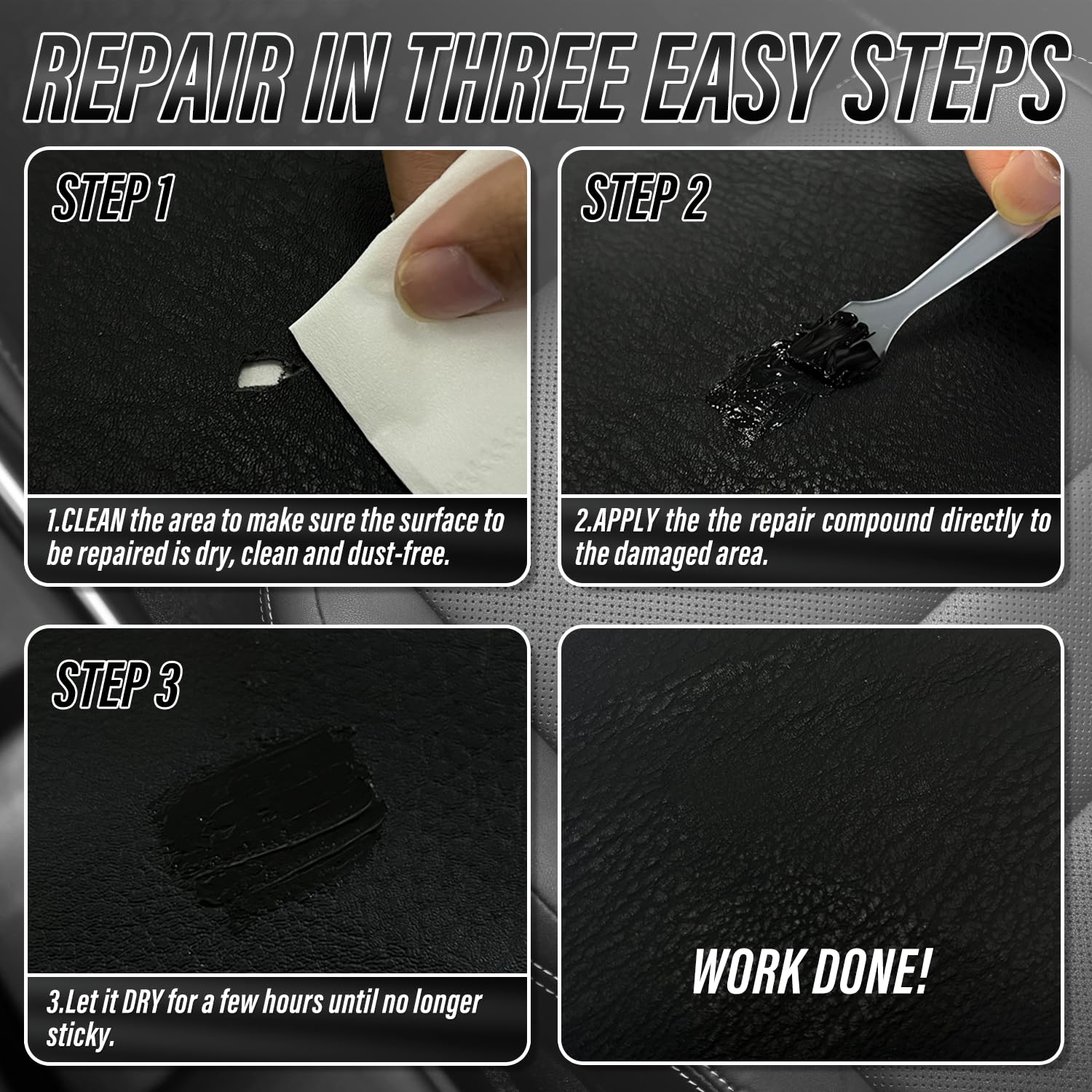 Black Leather Repair Kit for Car Interior, Vinyl Repair Kit for Car Seats, Couch, Boat, Sofa & Purse, Fix Scratch & Rip on Artificial, Faux, Genuine Leather, Easy for Anyone to Match Ideal Color