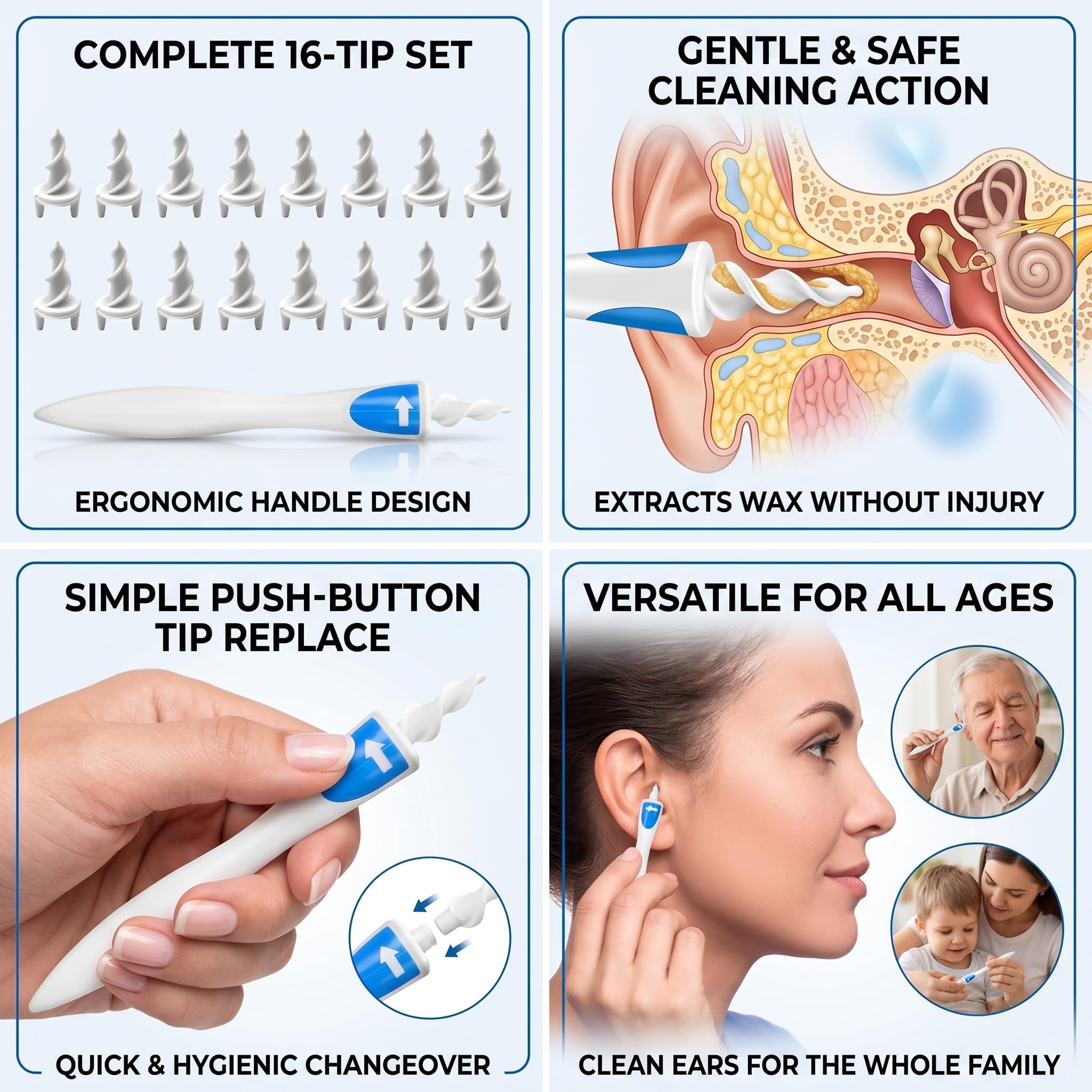 Kit Rimozione Cerume con 16 Punte – Pulitore Orecchie a Spirale 360° in Silicone Morbido, Strumento Auricolare Sicuro e Riutilizzabile, Pulizia Orecchie Delicata e Facile