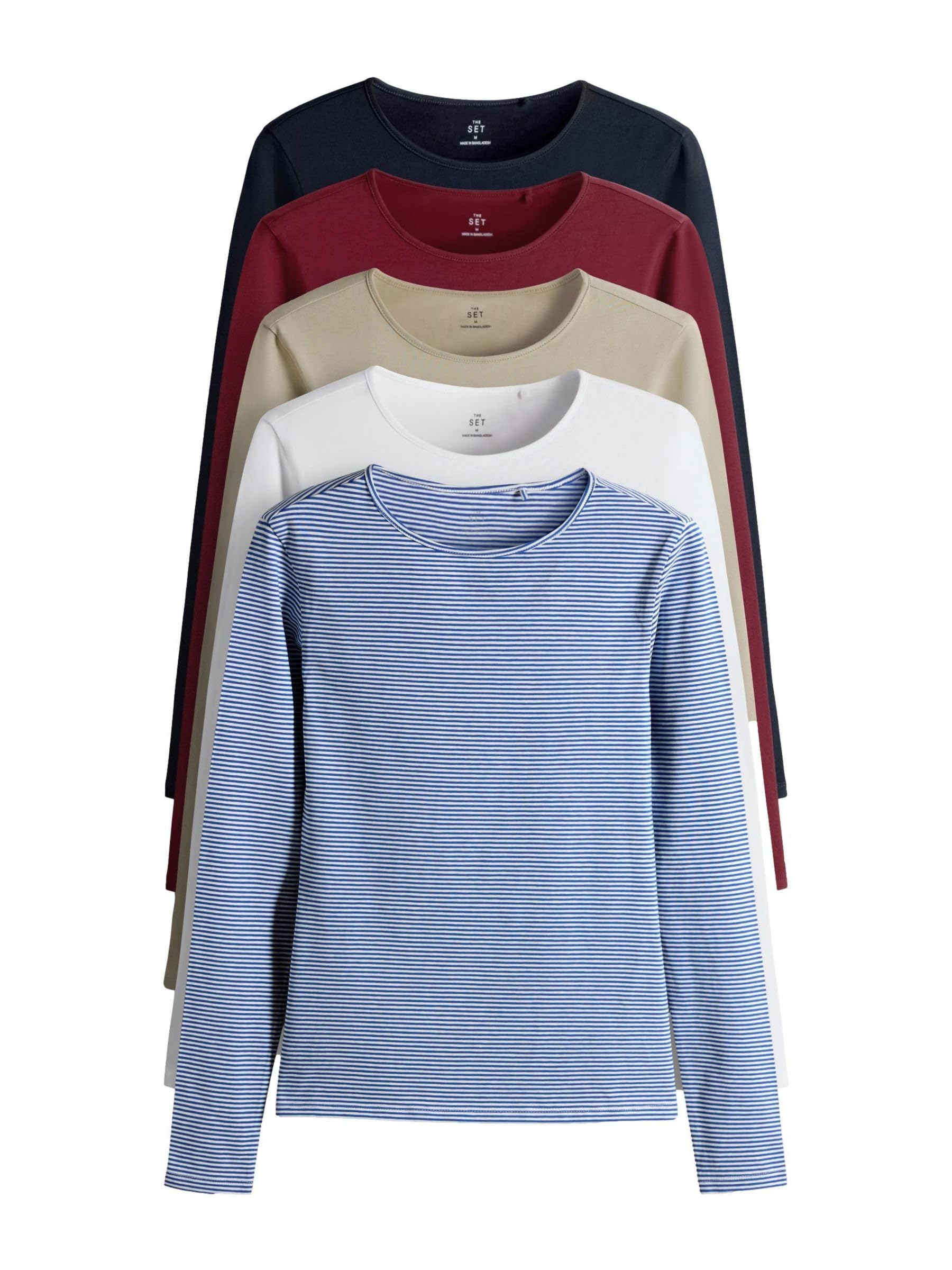 THE SET Femme T-Shirt Ras du Cou à Manches Longues, Lot de 5 | Coupe standard